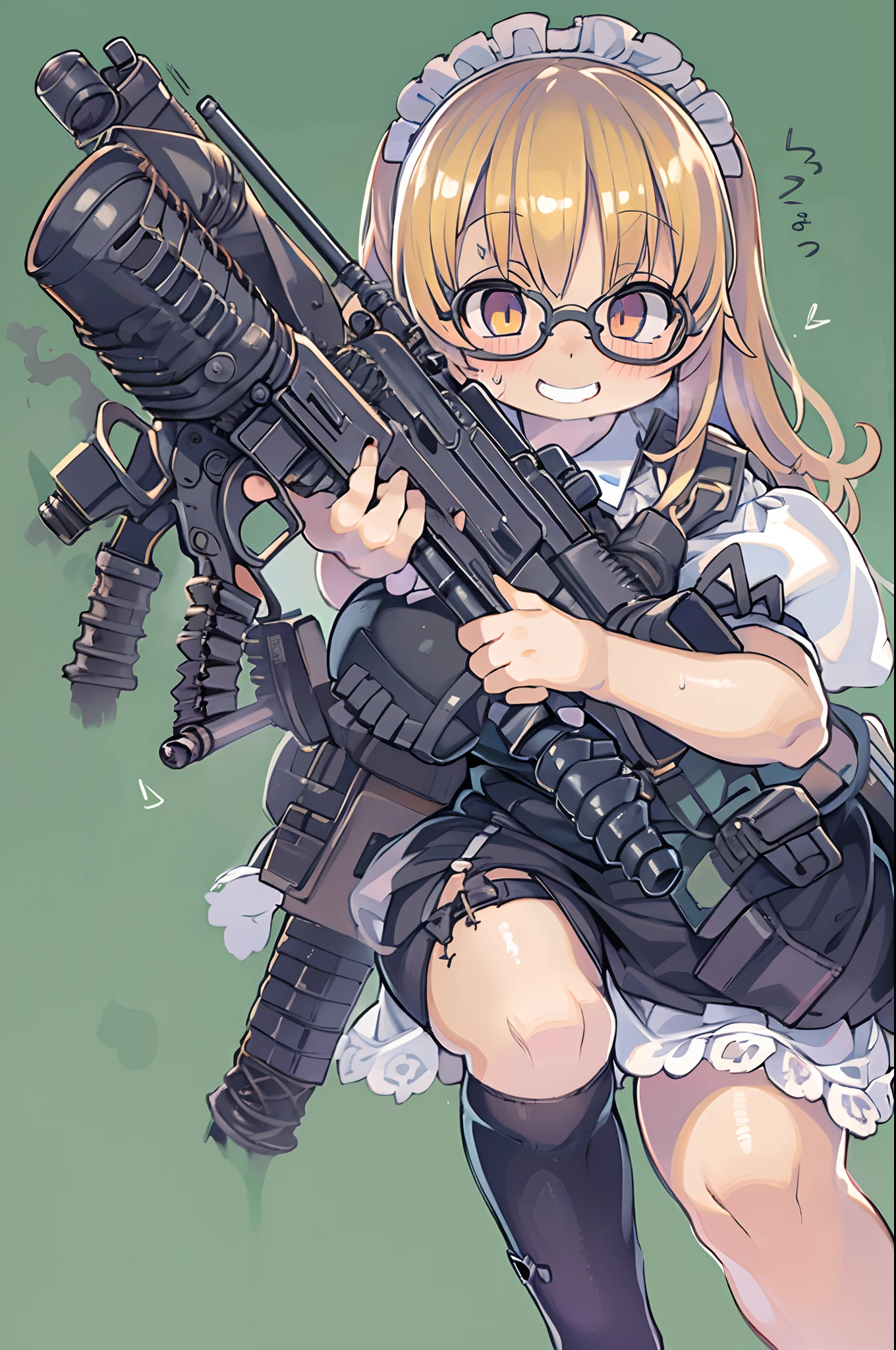 masutepiece, Best Quality, 1girl in, Empty eyes, Utsurome, maid, Smile,a child girl,Lori,(((Huge assault rifle))),rocket launcher、Multiple girls、big round glasses