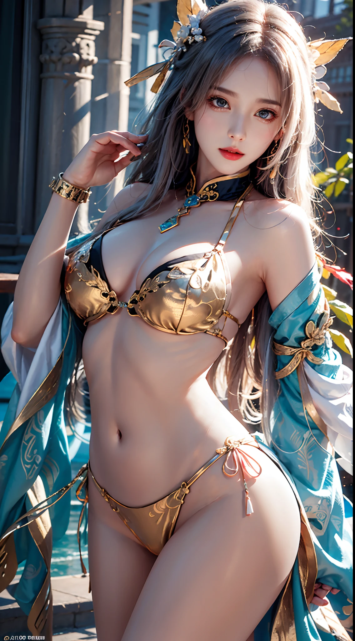 photorealistic, high resolution, soft light, 1women, solo, hips up, dynamic pose, shining skin, jewelry, tattoo, hanfu, ming style
