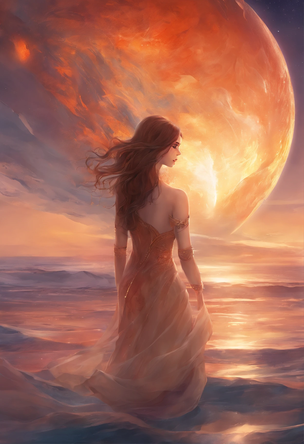 Masterpiece:1.4),, (Best quality:1.4),, Ultra-high RES,, 8K, CG,, (Extremely delicate and beautiful:1.2),,The upper part of the body,, 1girll,, Solo,, fashi-girl,, Mature girl,, , huge tit, Sweet,, , Sea backgroun,the reef,swell sea,Long brown hair,, pony-tail hair,, , Brown eyes,, Closed mouth,, Red lips,, , Face blown away by the wind,, ,Delicate depiction of facial features,almond eyes,Delicate eyeliner。long eyelasher,greene eyes,Black pupils,There is starlight in the eyes,Delicate lip detailing,Oil painting quality,Thick painting style, The beauty of Venus,the ocean,foamy,Stand on a huge shell