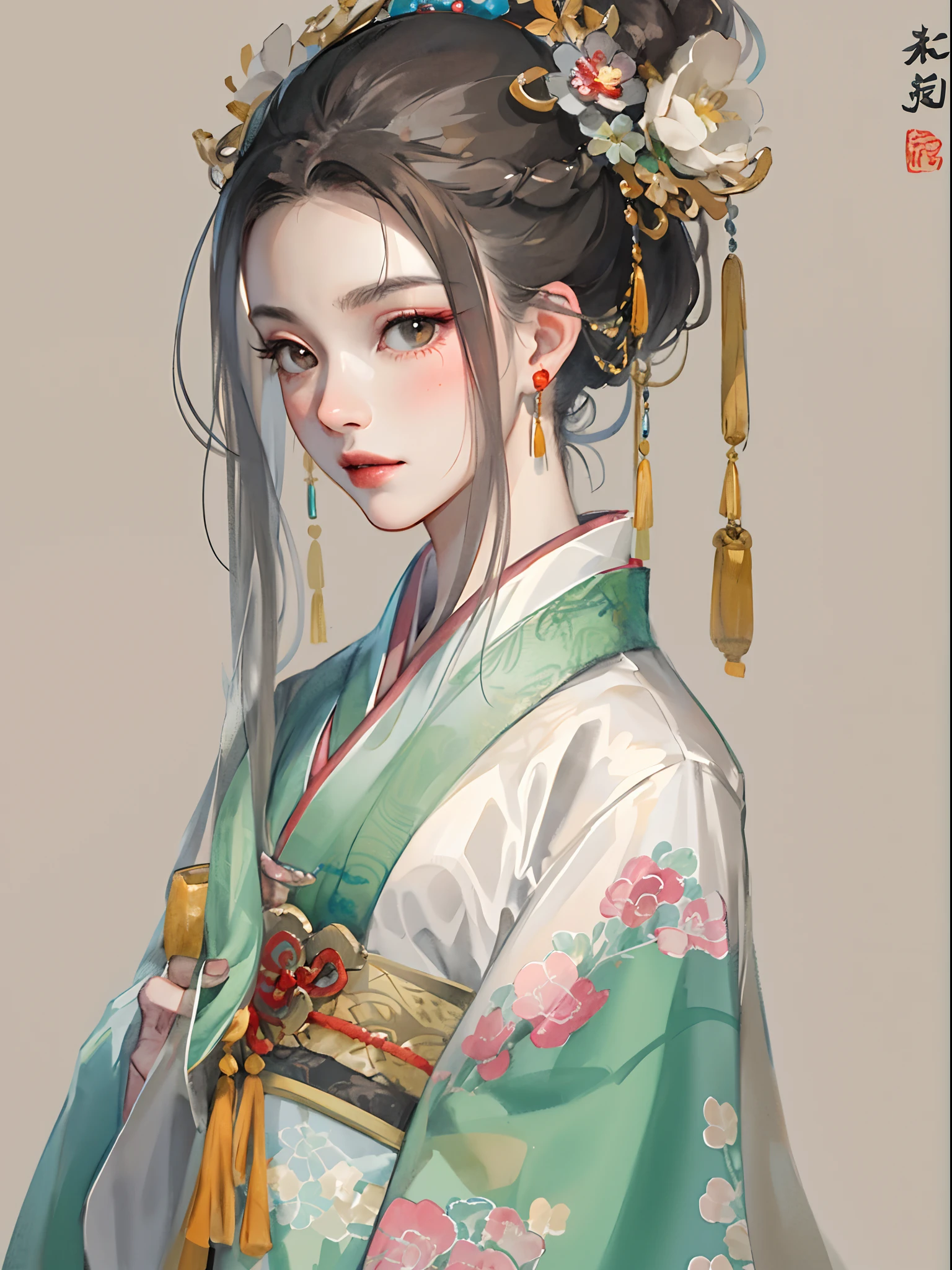 (tmasterpiece:1.2,best qualtiy),(Very detailed face,Real pictures,Realistic skin,photorealistic body,Complicated details),独奏,1girll,Traditional Chinese clothing,Tang dynasty Hanfu,(aquarelle:1.3),Oiran,