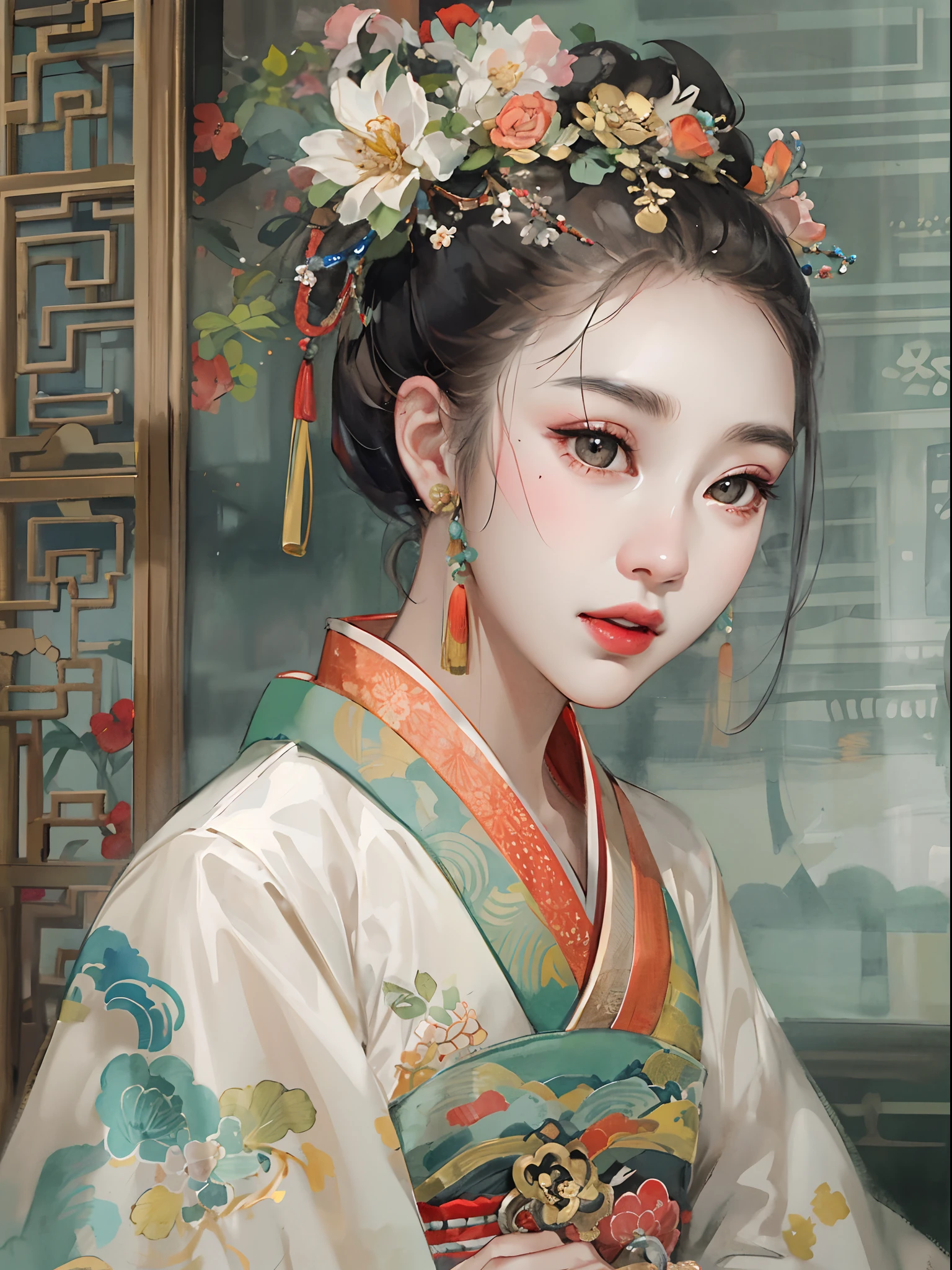 （tmasterpiece：1.2，best qualtiy），（Very detailed face，Real pictures，Realistic skin，photorealistic body，Complicated details），独奏，1girll，Traditional Chinese clothing，Tang dynasty Hanfu，（aquarelle：1.3），Oiran，