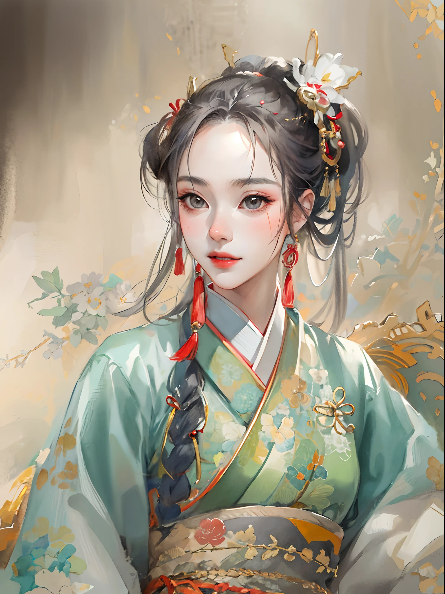 Create a detailed illustration of Empress Liyue in a seinen manga style, where her attire is both elegant and subtly revealing, yet tasteful and fitting of her royal status. The clothing, a sophisticated blend of traditional Chinese and Korean elements, should be designed to gracefully highlight her form, combining regal majesty with a hint of allure. The attire, while accentuating her natural elegance and poise, includes tastefully artistic details and is adorned with intricate embroidery and fine jade accessories. The illustration captures Empress Liyue in a poised and dignified pose that reflects her strength, sophistication, and a subtle yet captivating charm, emphasizing her majestic and cultured presence.