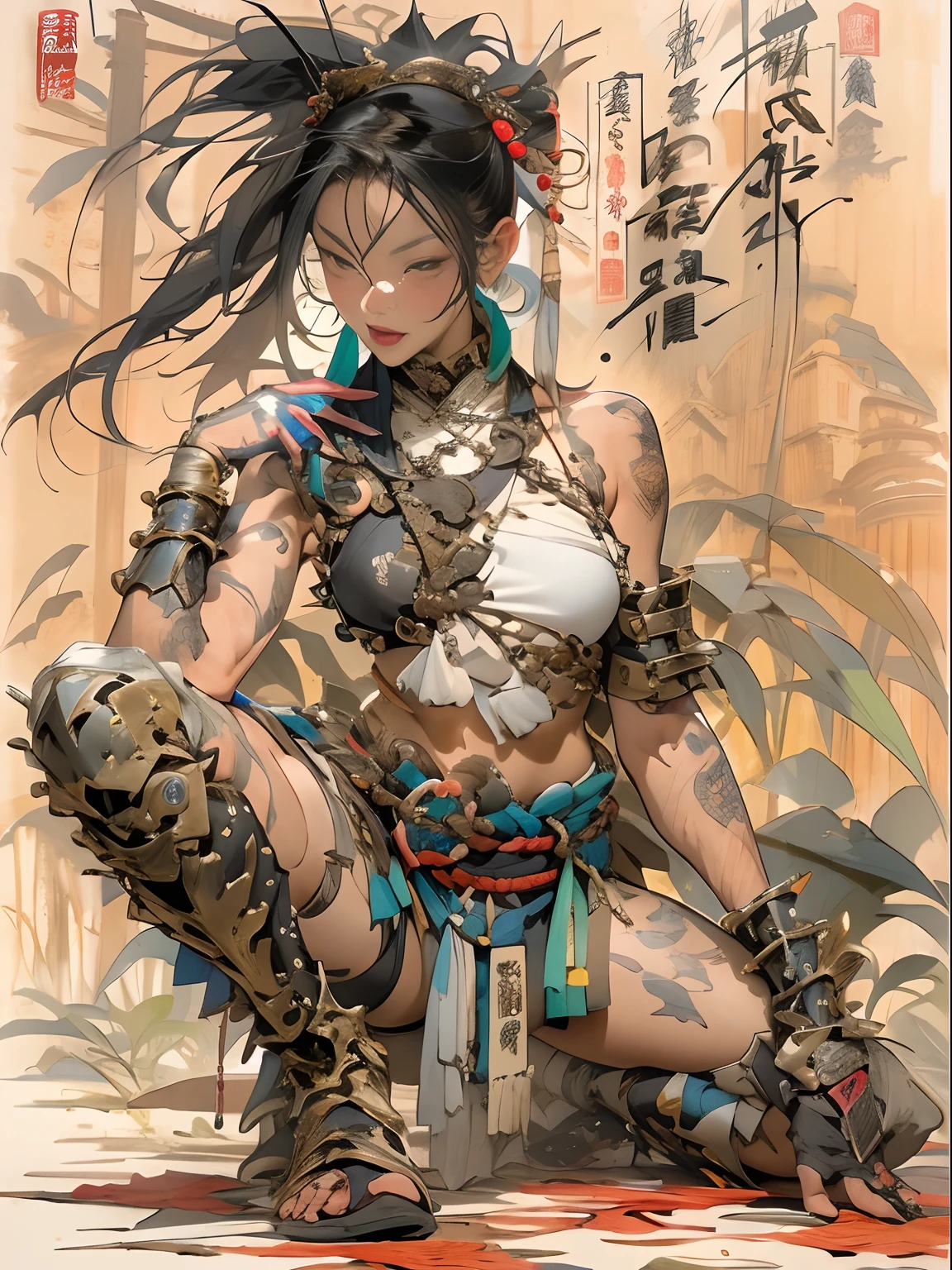 (((woman))), (((best qualityer))), (((tmasterpiece))), (((AS-Adult))), ((( Japanese ))), Look up from your knees, A beautiful asian samurai woman with perfect body, Modern samurai, ((( Asian))), Wear gloves on your hands，The left arm is made of steel and metal tips，Made of protective devices, The eyes are pulled, (( Appears below the breast )), (( Small dental floss )), Simon Bisley, Almost naked（Simon Bisley）Castle City Wilderness，For high-resolution posters, hair straight, Minimum clothing, armure (Crazy clothes ), Full of tips and rivets, tribal tattoos, (((full bodyesbian))), Straight brunette hair，Colored hair ends
