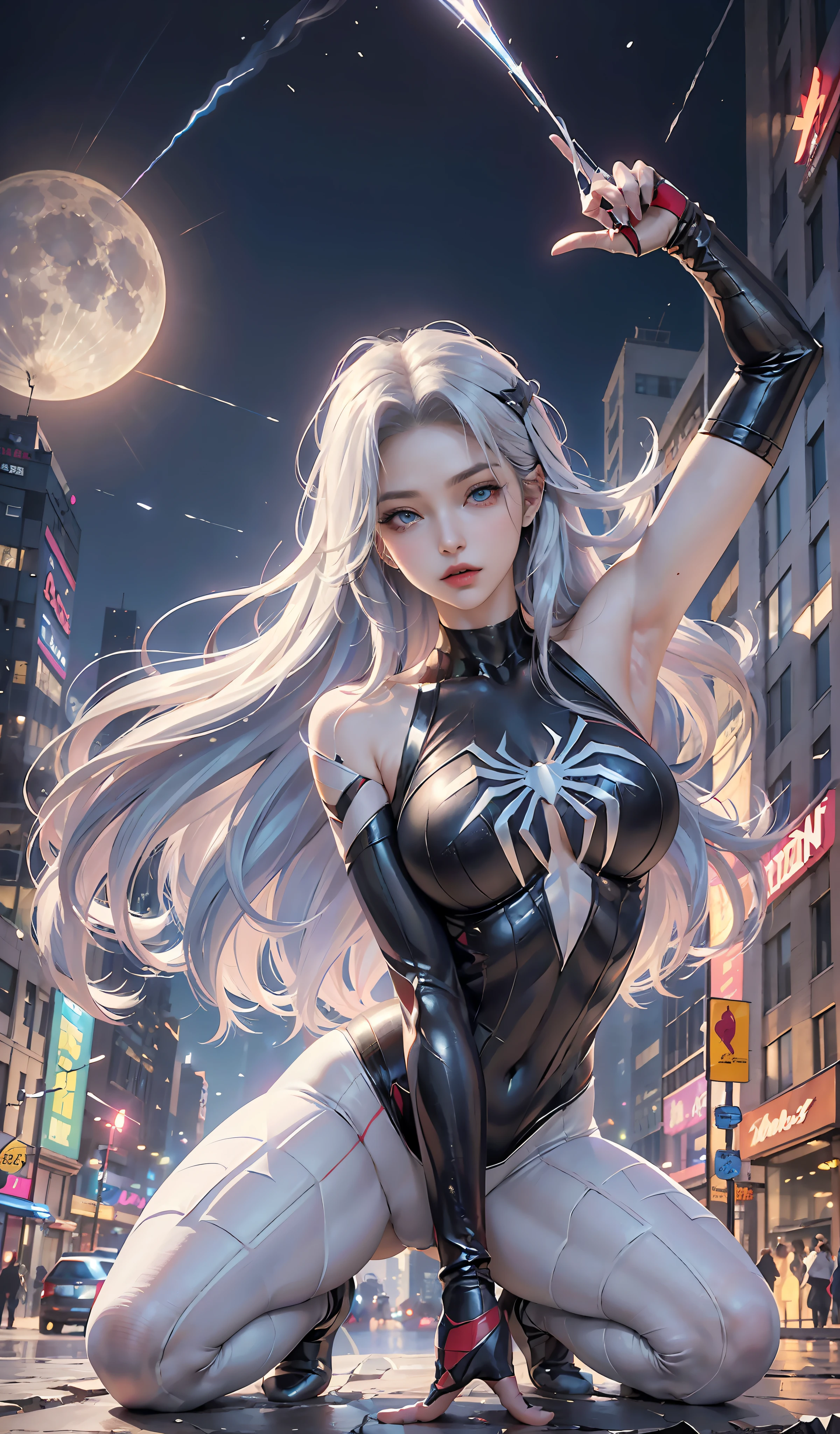 (Masterpiece, 4k resolution, ultra-realistic, very detailed), (White superhero theme, charismatic, there's a girl on top of town, wearing Spider-Man costume, she's a superhero), [ ((25 years), (long white hair:1.2), full body, (blue eyes:1.2), ((Spider-Man pose),show of strength, jumping from one building to another), ((sandy urban environment):0.8)| (cityscape, at night, dynamic lights), (full moon))] # Explanation: The Prompt mainly describes a 4K painting of ultra-high definition, very realistic, very detailed. It shows a superheroine at the top of the city, wearing a Spider-Man costume. The theme in the painting is a white superhero theme, the female protagonist has long white hair, is 25 years old and her entire body is shown in the painting. In terms of portraying the actions of superheroines, spiders are employed