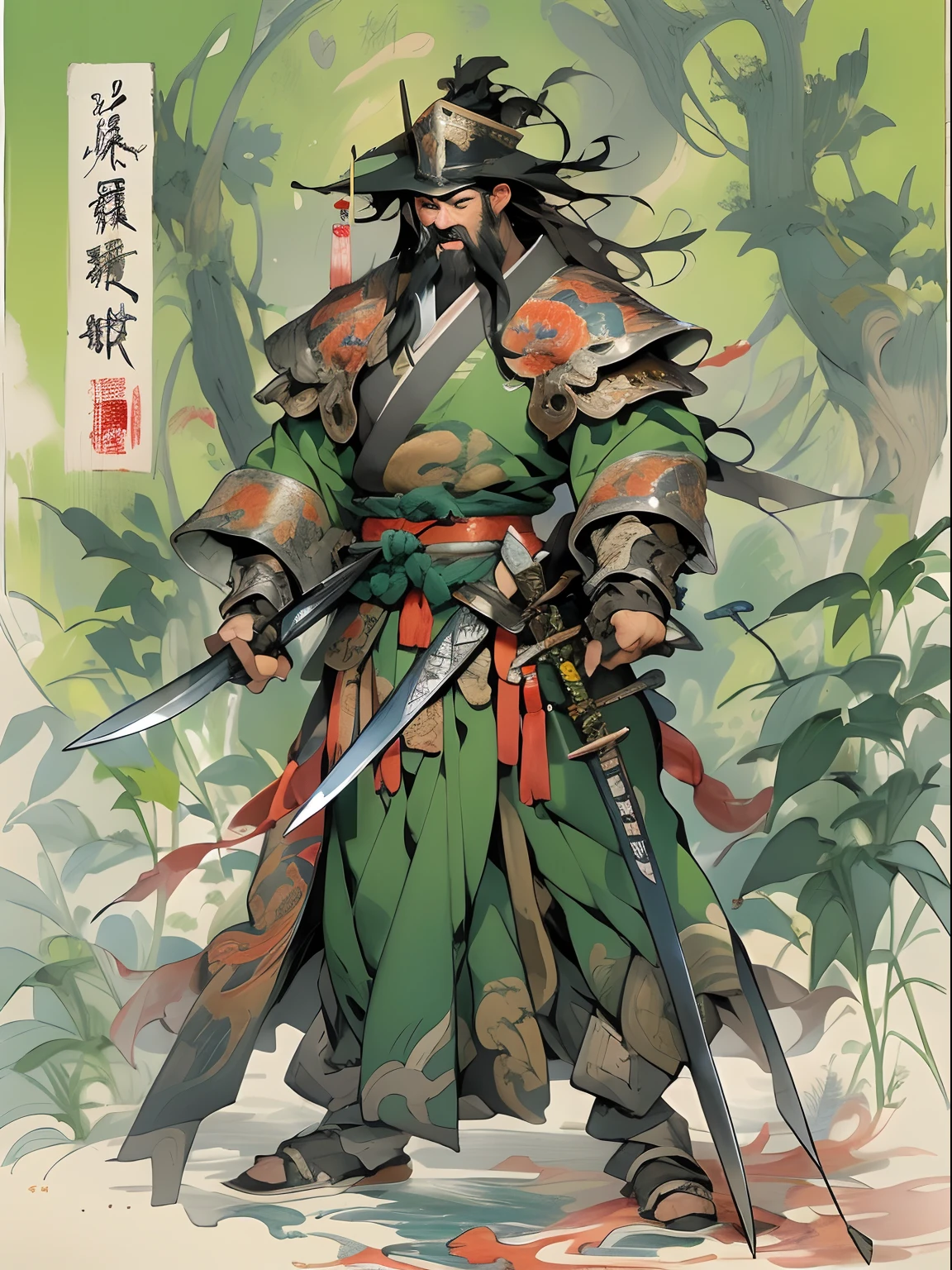 (((China-style,Ink painting method,Half-length portrait,Intense color,Han dynasty, China,Hanfu,Armor,Guan yu,Guan Yunchang,of a guy,Ruddy killing square face,Hold it with your right hand(Close the knife)Qinglong Weir Moon Knife,Stroke your beard with your left hand,Long hair,petty eyes,Green robe))), (((best qualityer))), (((tmasterpiece))), (((AS-Adult))), ((( Japanese ))), Look up from your knees, Handsome Asian samurai,perfect body figure, Modern samurai, ((( Asian))), Wear gloves on your hands,The left arm is made of steel and metal tips,Made of protective devices, The eyes are pulled, (( Appears below the chest )), (( Small dental floss )), Simon Bisley, Almost naked(Simon Bisley)Castle City Wilderness,For high-resolution posters, hair straight, Minimum clothing, armure (Crazy clothes ), Full of tips and rivets, tribal tattoos, (((full bodyesbian))), Straight brunette hair,Colored hair ends