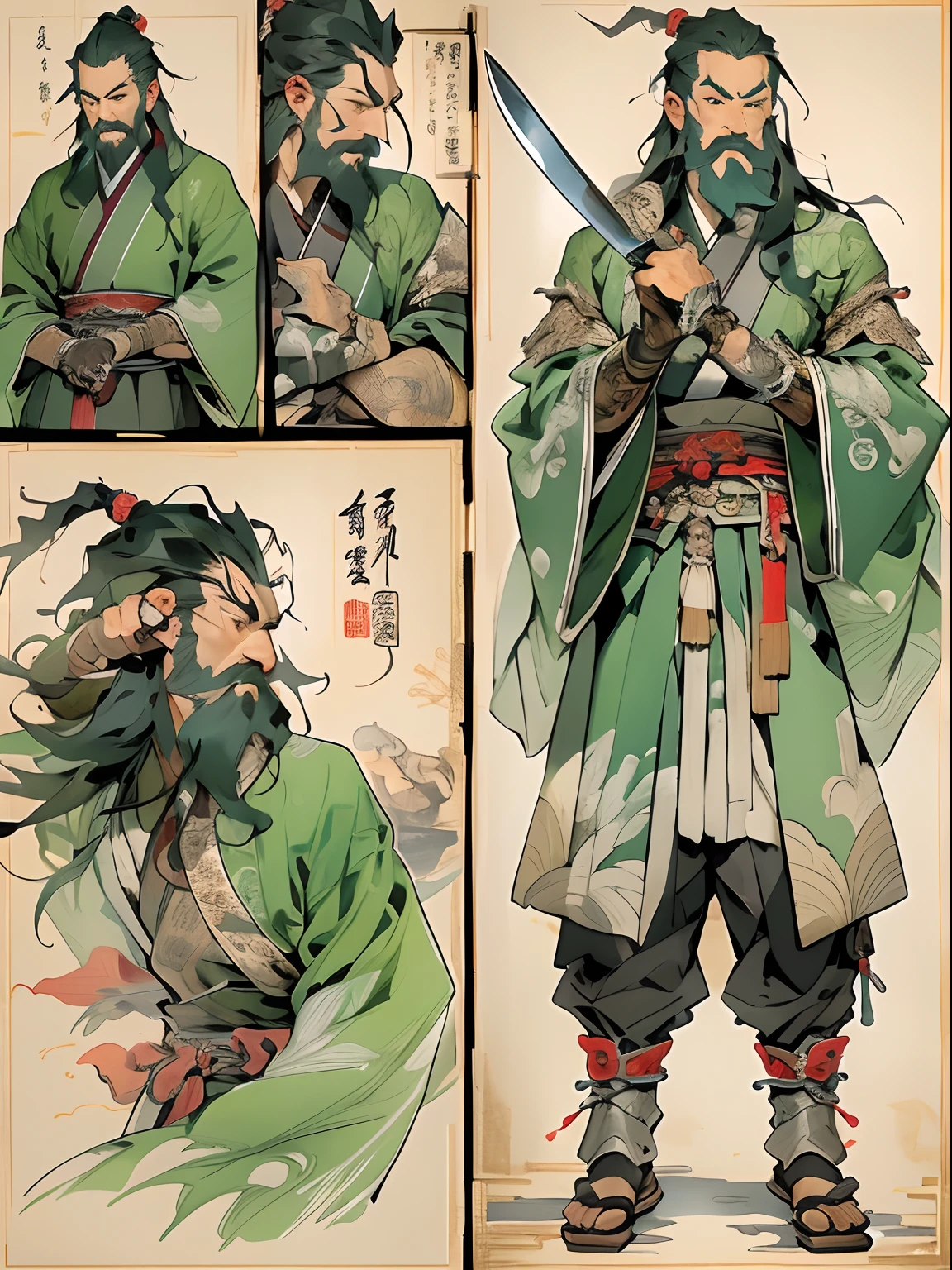 (((China-style,Ink painting method,Half-length portrait,Intense color,Han dynasty, China,Hanfu,Armor,Guan yu,Guan Yunchang,of a guy,Ruddy killing square face,Hold it with your right hand(Close the knife)Qinglong Weir Moon Knife,Stroke your beard with your left hand,Long hair,petty eyes,Green robe))), (((best qualityer))), (((tmasterpiece))), (((AS-Adult))), ((( Japanese ))), Look up from your knees, Handsome Asian samurai,perfect body figure, Modern samurai, ((( Asian))), Wear gloves on your hands,The left arm is made of steel and metal tips,Made of protective devices, The eyes are pulled, (( Appears below the chest )), (( Small dental floss )), Simon Bisley, Almost naked(Simon Bisley)Castle City Wilderness,For high-resolution posters, hair straight, Minimum clothing, armure (Crazy clothes ), Full of tips and rivets, tribal tattoos, (((full bodyesbian))), Straight brunette hair,Colored hair ends