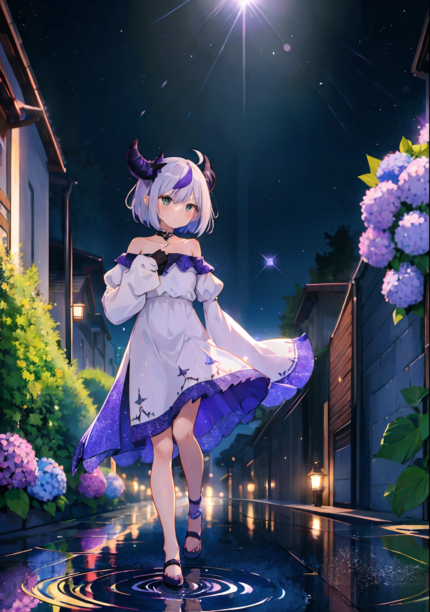 (solo), cute (1girl) walking,path,[from below:1.2],sine short hair, puddle,Water Reflection,rain,floating water drop,hydrangea,(blurry foreground),dynamic angle,asphalt,(night sky),lens flare,, off-shoulder oversized shirt,(glitter:1.2), ((sleeves past wrists)), (sleeves past fingers))