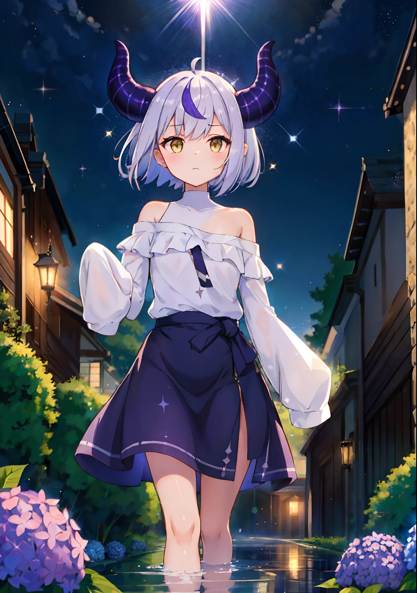 (solo), cute (1girl) walking,path,[from below:1.2],sine short hair, puddle,Water Reflection,rain,floating water drop,hydrangea,(blurry foreground),dynamic angle,asphalt,(night sky),lens flare,, off-shoulder oversized shirt,(glitter:1.2), ((sleeves past wrists)), (sleeves past fingers))