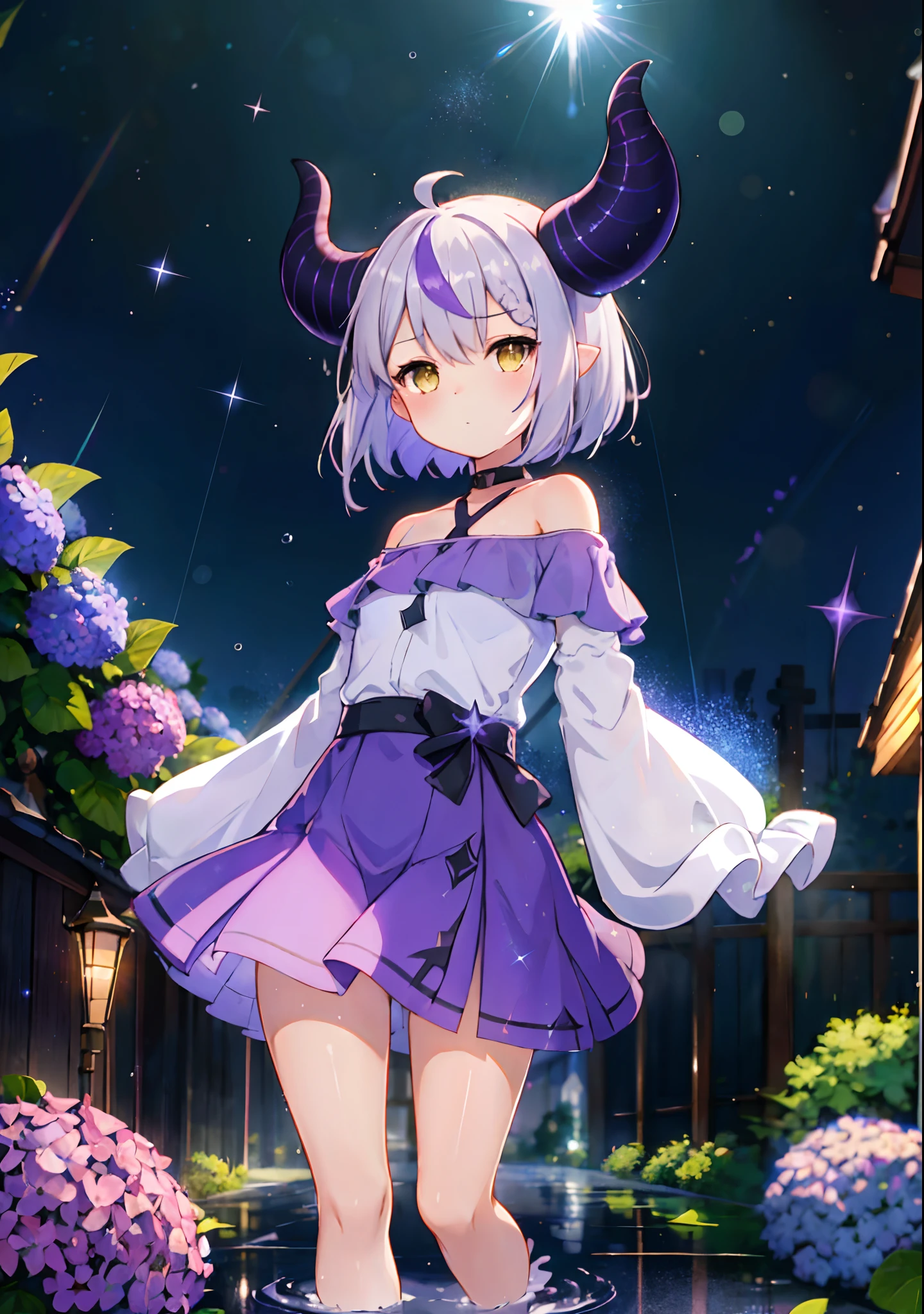 (solo), cute (1girl) walking,path,[from below:1.2],sine short hair, puddle,Water Reflection,rain,floating water drop,hydrangea,(blurry foreground),dynamic angle,asphalt,(night sky),lens flare,, off-shoulder oversized shirt,(glitter:1.2), ((sleeves past wrists)), (sleeves past fingers))