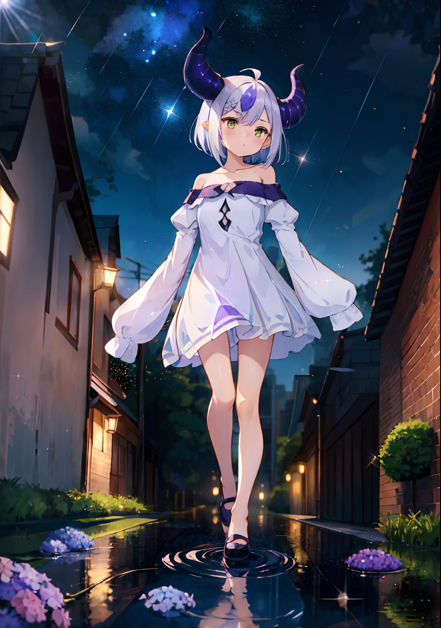 (solo), cute (1girl) walking,path,[from below:1.2],sine short hair, puddle,Water Reflection,rain,floating water drop,hydrangea,(blurry foreground),dynamic angle,asphalt,(night sky),lens flare,, off-shoulder oversized shirt,(glitter:1.2), ((sleeves past wrists)), (sleeves past fingers))