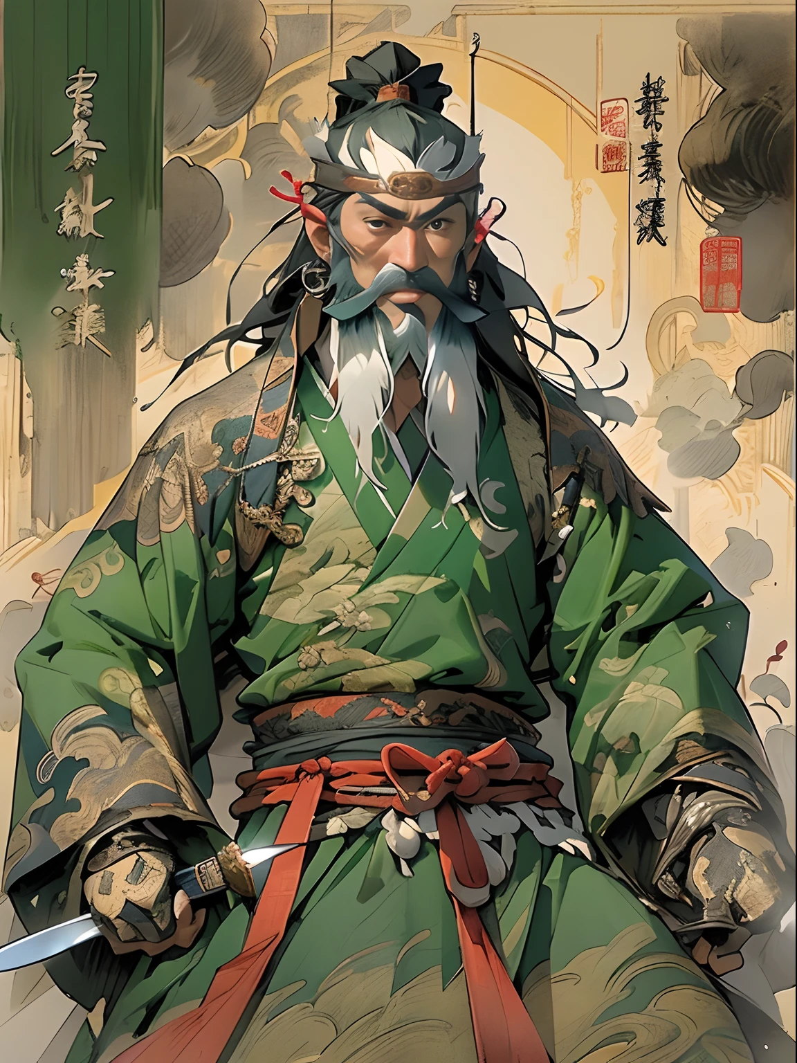 (((China-style，Ink painting method，Half-length portrait，Intense color，Han dynasty, China，Hanfu，Armor，Guan yu，Guan Yunchang，of a guy，Ruddy killing square face，Hold it with your right hand(Close the knife)Qinglong Weir Moon Knife，Stroke your beard with your left hand，Long hair，petty eyes，Green robe))), (((best qualityer))), (((tmasterpiece))), (((AS-Adult))), ((( Japanese ))), Look up from your knees, Handsome Asian samurai，perfect body figure, Modern samurai, ((( Asian))), Wear gloves on your hands，The left arm is made of steel and metal tips，Made of protective devices, The eyes are pulled, (( Appears below the chest )), (( Small dental floss )), Simon Bisley, Almost naked（Simon Bisley）Castle City Wilderness，For high-resolution posters, hair straight, Minimum clothing, armure (Crazy clothes ), Full of tips and rivets, tribal tattoos, (((full bodyesbian))), Straight brunette hair，Colored hair ends
