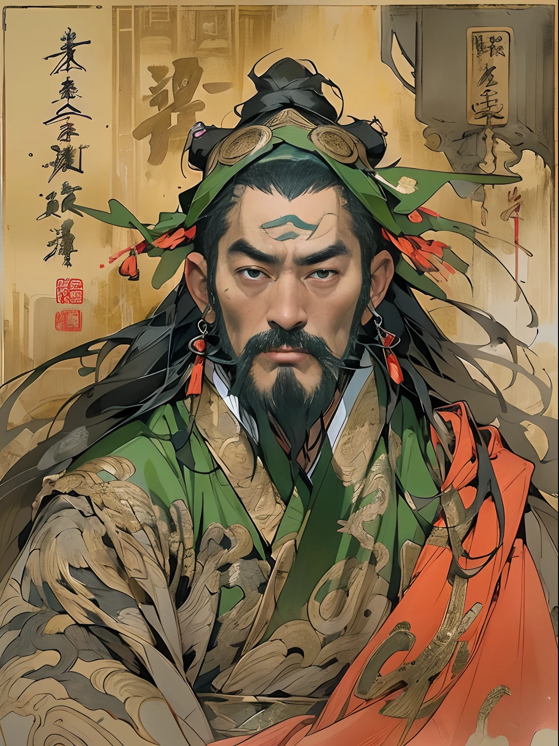 (((China-style,Ink painting method,Half-length portrait,Intense color,Han dynasty, China,Hanfu,Armor,Guan yu,Guan Yunchang,of a guy,Ruddy killing square face,Hold it with your right hand(Close the knife)Qinglong Weir Moon Knife,Stroke your beard with your left hand,Long hair,petty eyes,Green robe))), (((best qualityer))), (((tmasterpiece))), (((AS-Adult))), ((( Japanese ))), Look up from your knees, Handsome Asian samurai,perfect body figure, Modern samurai, ((( Asian))), Wear gloves on your hands,The left arm is made of steel and metal tips,Made of protective devices, The eyes are pulled, (( Appears below the chest )), (( Small dental floss )), Simon Bisley, Almost naked(Simon Bisley)Castle City Wilderness,For high-resolution posters, hair straight, Minimum clothing, armure (Crazy clothes ), Full of tips and rivets, tribal tattoos, (((full bodyesbian))), Straight brunette hair,Colored hair ends
