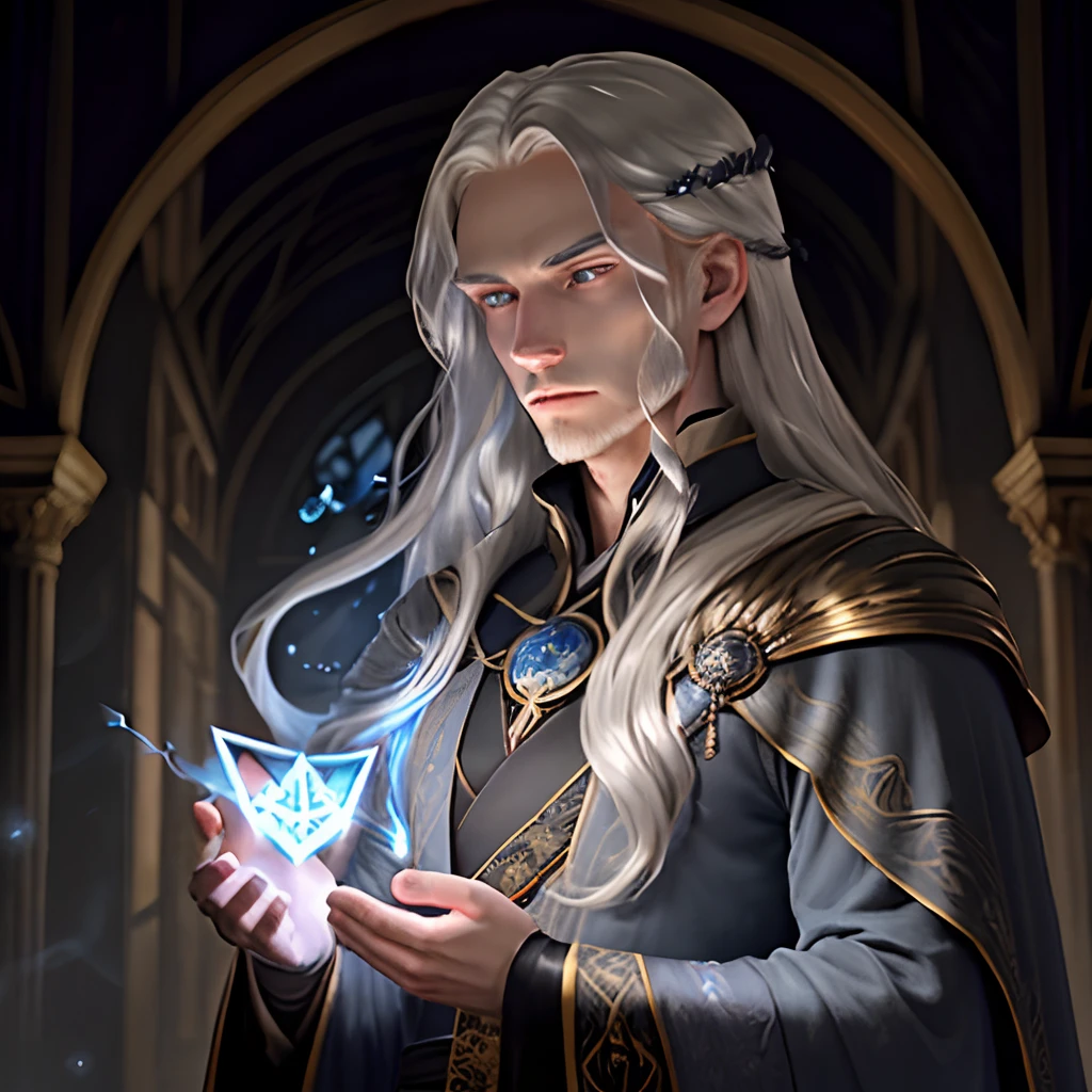 Avatar Description:
- Aelarath is a tall and imposing wizard, with long silver hair that flows like a waterfall. His eyes are a deep blue, which seem to contain an ancient secret. He wears a robe of dark fabric adorned with golden magical runes, which glow softly with arcane energy. A black velvet cloak with starry lining covers his shoulders, creating a mysterious aura around him.