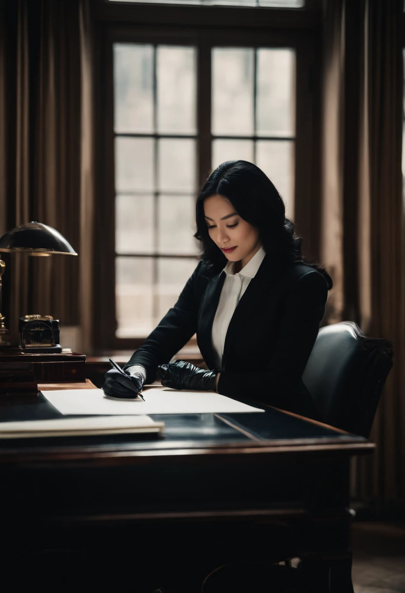 Wearing black leather gloves in both hands, upper body, black leather business suit, facing the desk in the modern study in the dark, looking down, smiling, writing a letter using a fountain pen, long, straight black hair, young Japanese woman (black leather gloves covering both hands)