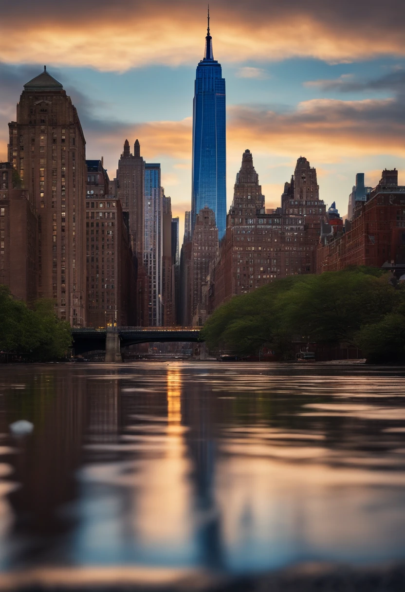 Se muestra la ciudad de Nueva York cubierta por el mar, solo se visualiza la Trump tower y otros edificios como el empire state, el mar se ve muy detallado, ciudad inundada, realista, hyper-realistic, cinematographic, photography