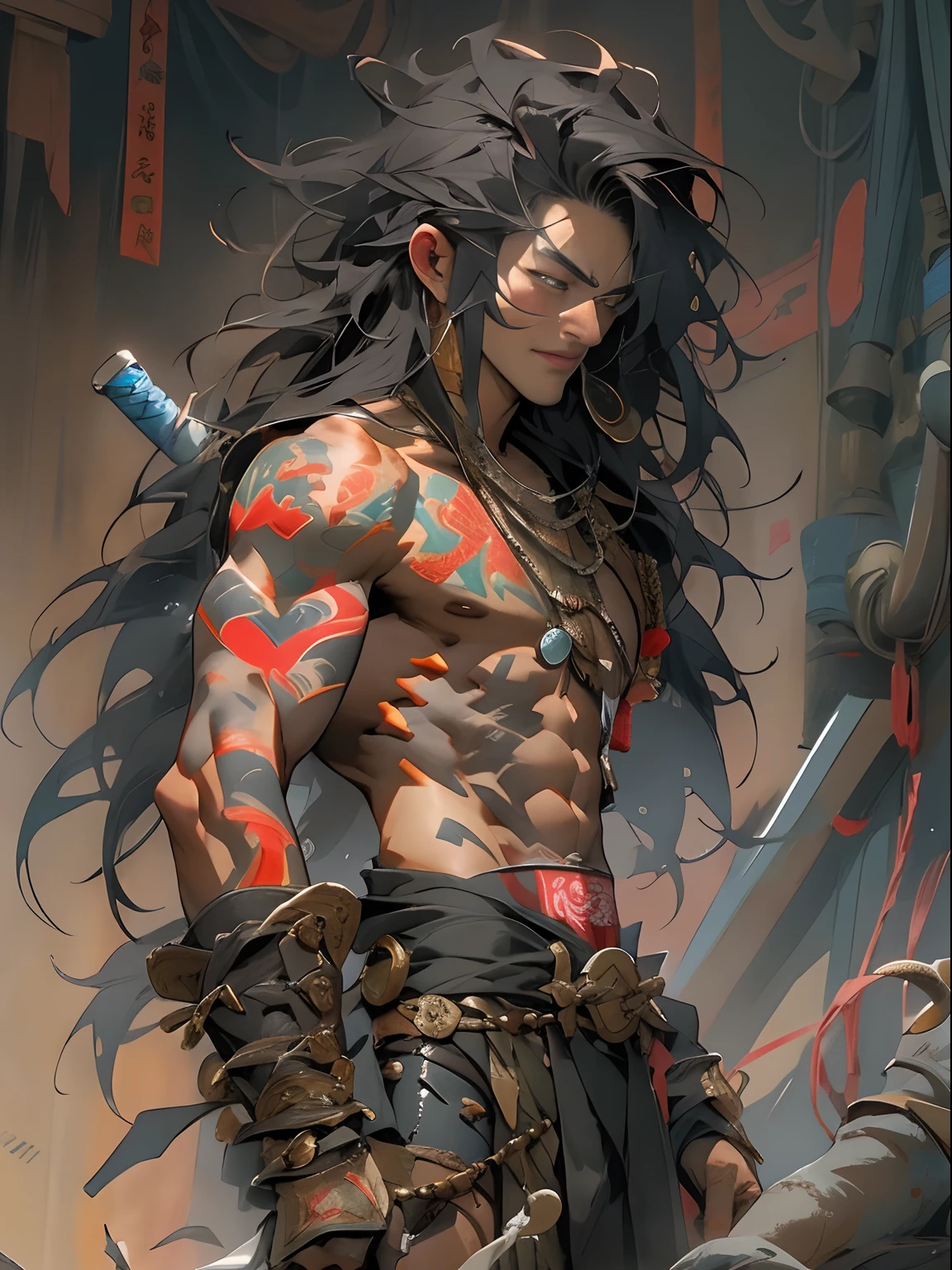 (((mtu))), (((best qualityer))), (((tmasterpiece))), (((AS-Adult))), ((( Japanese ))), Look up from your knees, Handsome Asian samurai，perfect body figure, Modern samurai, ((( Asian))), Wear gloves on your hands，The left arm is made of steel and metal tips，Made of protective devices, The eyes are pulled, (( Appears below the chest )), (( Small dental floss )), Simon Bisley, Almost naked（Simon Bisley）Castle City Wilderness，For high-resolution posters, hair straight, Minimum clothing, armure (Crazy clothes ), Full of tips and rivets, tribal tattoos, (((full bodyesbian))), Straight brunette hair，Colored hair ends
