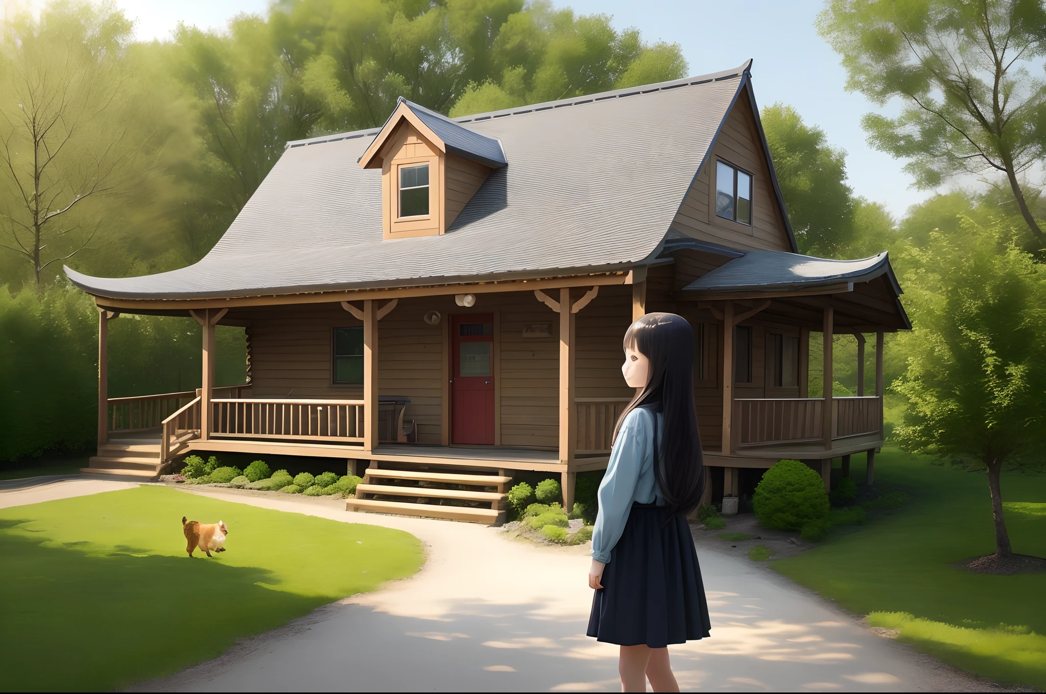 A little girl with long hair，Behind him there was a log cabin on the right，There is an apple tree on the left。In front of the house you shoot there is a path leading to the king little girl in front，There is a piece of farmland to the right of the little girl's face，Think of vegetables and spices，On the left in front of the girl there is a cute Persian cat。