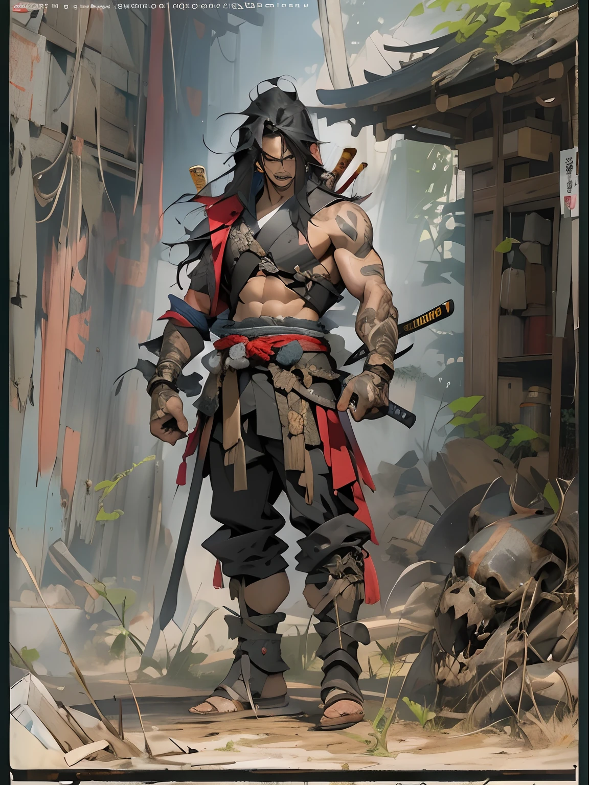 (((mtu))), (((best qualityer))), (((tmasterpiece))), (((AS-Adult))), ((( Japanese ))), Look up from your knees, Handsome Asian samurai，perfect body figure, Modern samurai, ((( Asian))), Wear gloves on your hands，The left arm is made of steel and metal tips，Made of protective devices, The eyes are pulled, (( Appears below the chest )), (( Small dental floss )), Simon Bisley, Almost naked（Simon Bisley）Castle City Wilderness，For high-resolution posters, hair straight, Minimum clothing, armure (Crazy clothes ), Full of tips and rivets, tribal tattoos, (((full bodyesbian))), Straight brunette hair，Colored hair ends