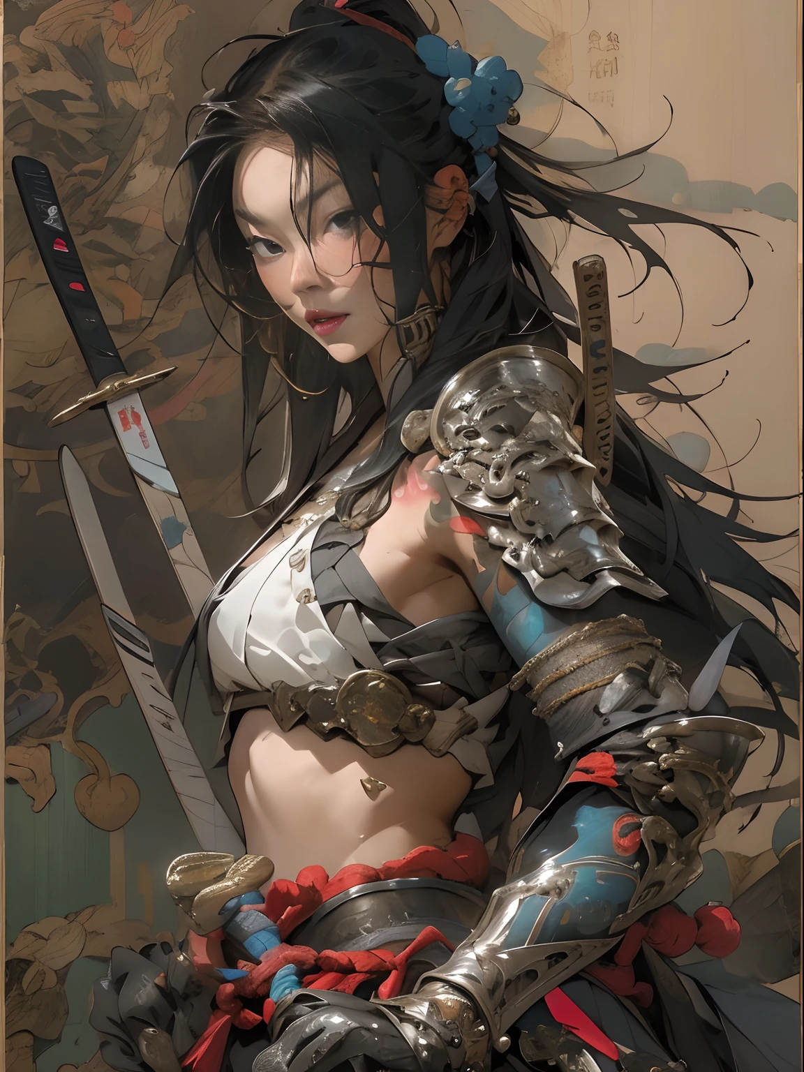 (((woman))), (((best qualityer))), (((tmasterpiece))), (((AS-Adult))), ((( Japanese ))), Look up from your knees, A beautiful asian samurai woman with perfect body, Modern samurai, ((( Asian))), Wear gloves on your hands,The left arm is made of steel and metal tips,Made of protective devices, The eyes are pulled, (( Appears below the breast )), (( Small dental floss )), Simon Bisley, Almost naked(Simon Bisley)Castle City Wilderness,For high-resolution posters, hair straight, Minimum clothing, armure (Crazy clothes ), Full of tips and rivets, tribal tattoos, (((full bodyesbian))), Straight brunette hair,Colored hair ends