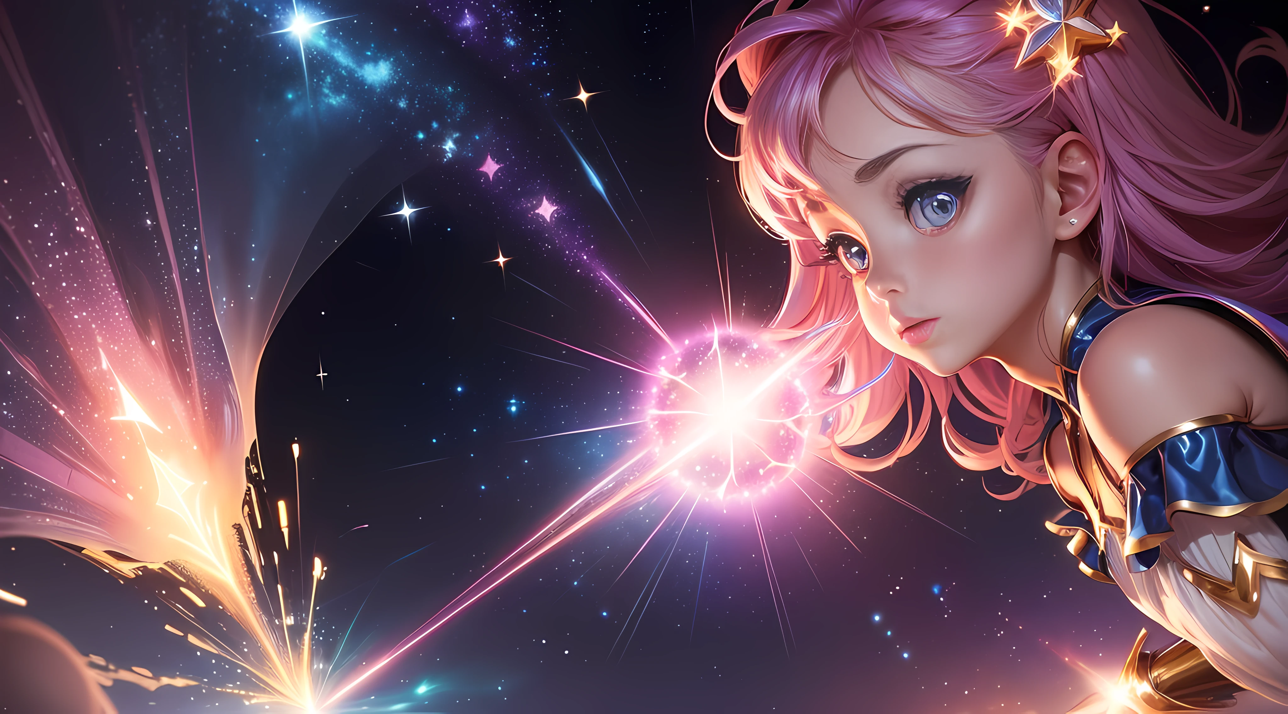 (Magical Girl)), ((Gorgeous Starry Background), ((Super Detailed)), ((Best Illustration), ((Movie Lighting)), Dynamic Angle, Floating, Fine, (Flash: 1.2), (Glossy : 1.2), (Gloss: 1.2), (Gloss: 1.2), (Gloss: 1.2), (Delicate), (Illustration: 1.2), (Animation Style), (Solo), Pretty detailed expressions, (Cute Face: 1.3 ), (big eyes)), colored hair, (long hair: 1.2), (flowing hair: 1.2), (magic girl costume), details, (shiny wand: 1.3), (magic effect: 1.3), ( Flowy Dress: 1.2), (Cute Boots: 1.1), (Sparkle: 1.2), (Glow: 1.2), (Glow: 1.2), (Sparkle: 1.2), (Sparkle: 1.2), (Sparkle: 1.2), ( Shimmer: 1.2) --auto