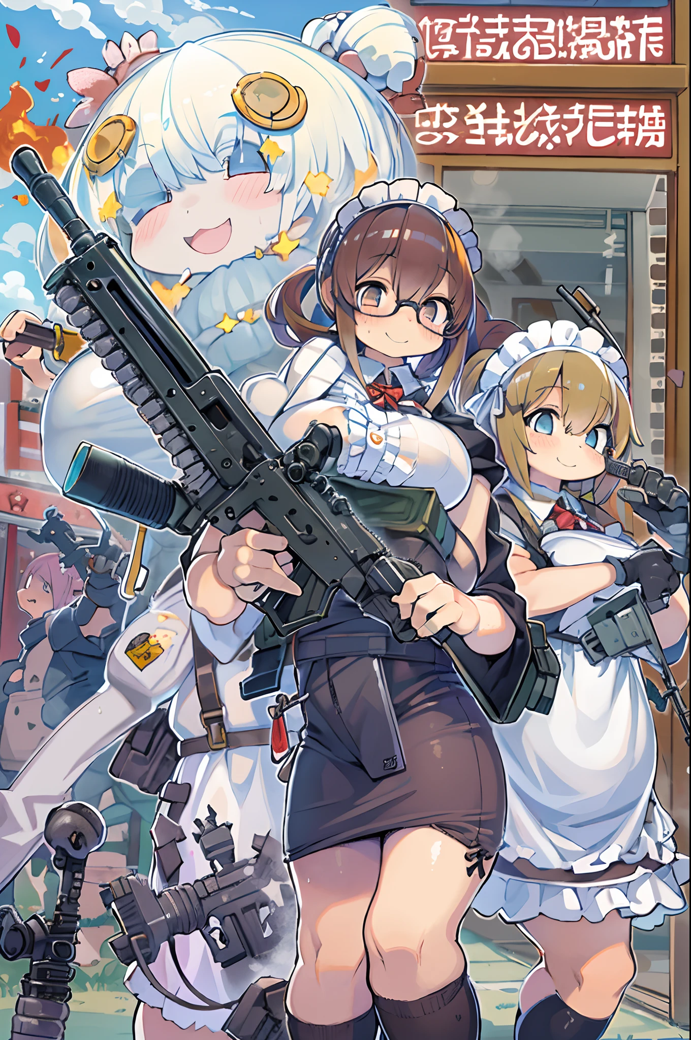 masutepiece, Best Quality, 1girl in, Empty eyes, Utsurome, maid, Smile,a  girl,Lori,(((Huge assault rifle))),rocket launcher