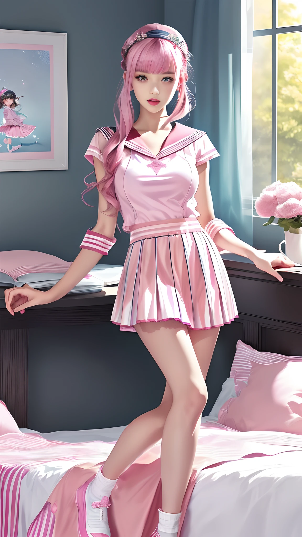 Beautiful illustration、top-quality、 s、Bedroom、A pink-haired、length hair、(((Pink pleated skirt)))、(((pink sailor suit)))、shortsleeves、Colossal tits、Show white panties、Pull up your skirt and show your panties、bare-legged、blue eyess、on the beds、lovely thighs、glowing thigh