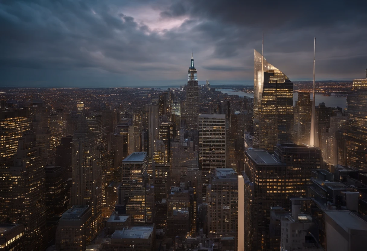 Se muestra la ciudad de Nueva York cubierta por el mar, solo se visualiza la Trump tower y otros edificios como el empire state, el mar se ve muy detallado, ciudad inundada, panorama view, realista, hyper-realistic, cinematographic, photography