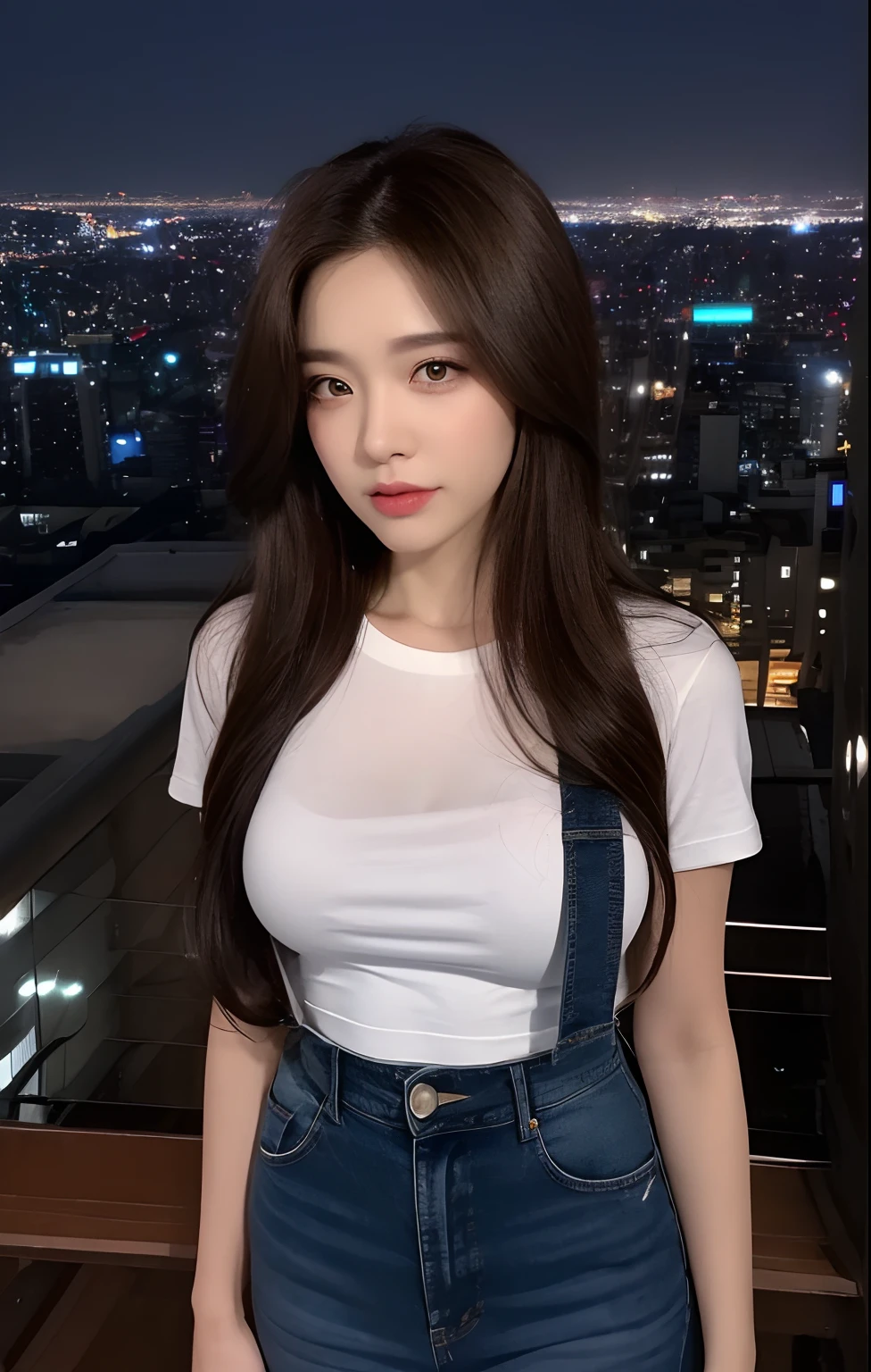 ((Midnight, Best quality, 8k, Masterpiece :1.3)), Whole body, Long legs, Sharp focus :1.2, A pretty woman with perfect figure :1.4, Slender abs :1.1, ((Dark brown hair, Big breasts :1.2)), (White tight tshirt, Jean bib, Standing:1.2), ((Night city view, Rooftop:1.3)), Highly detailed face and skin texture, Detailed eyes, Double eyelid