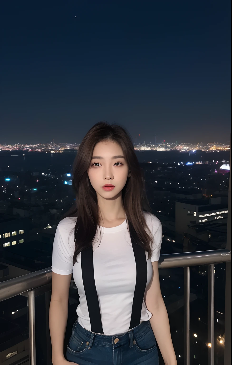 ((Midnight, Best quality, 8k, Masterpiece :1.3)), Whole body, Long legs, Sharp focus :1.2, A pretty woman with perfect figure :1.4, Slender abs :1.1, ((Dark brown hair, Big breasts :1.2)), (White tight tshirt, Jean bib, Standing:1.2), ((Night city view, Rooftop:1.3)), Highly detailed face and skin texture, Detailed eyes, Double eyelid