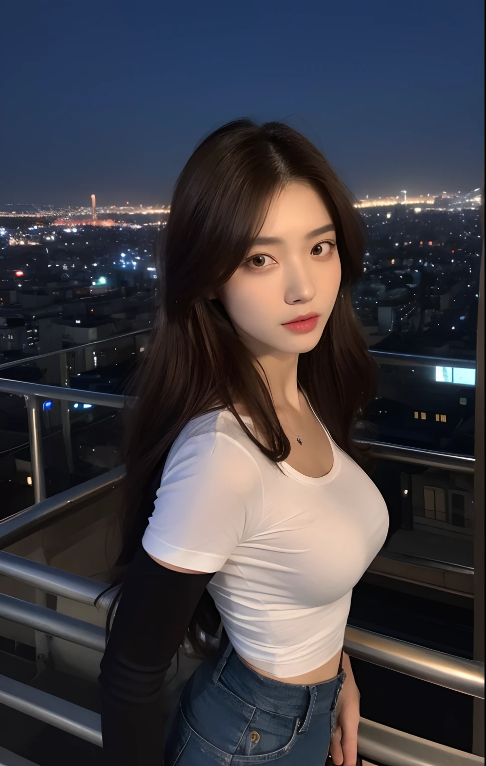 ((Midnight, Best quality, 8k, Masterpiece :1.3)), Whole body, Long legs, Sharp focus :1.2, A pretty woman with perfect figure :1.4, Slender abs :1.1, ((Dark brown hair, Big breasts :1.2)), (White tight tshirt, Jean bib, Standing:1.2), ((Night city view, Rooftop:1.3)), Highly detailed face and skin texture, Detailed eyes, Double eyelid