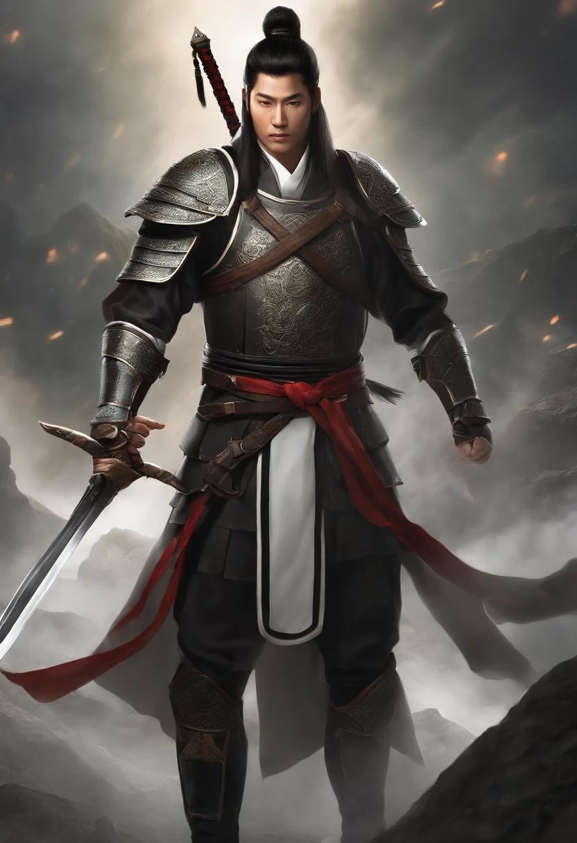 quadratic element,style of anime,mtu(Male Warrior),The proportions are correct,Face details,swordsmen,High ponytail hairstyle,Neck details,(Positive focus),(in the darkness nigth:1),(best qualtiy),(Fidelity:1),filmposter,realistic skin textures,highly detailed,8k wallpaper,Volumetriclighting,动态照明,A man,Long black ponytail hair,long white robe,white sash,A small amount of armor,Shoulder blades,Waist Guard,Hand Guard,Hold the long sword in front of you,mounted on a horse,Ancient Chinese wind,Short sword at the waist,attack pose,blood stain,Broken clothes,Ancient Chinese Battlefield,A group of ancient soldiers chased and killed,Arrows fly,There is a lot of war,the night,Dramatic composition,Sword qi surrounding,The picture is rich in detail,karo,电影灯光,Clothing is complicated,Perfectcomposition,Refinement,high qulity,higher details,Lots of details,The background is complex,a sense of atmosphere,Game quality,Swordsmanship,Light and shadow tracking,Ray traching,detailed glow,cg render,hair detail,