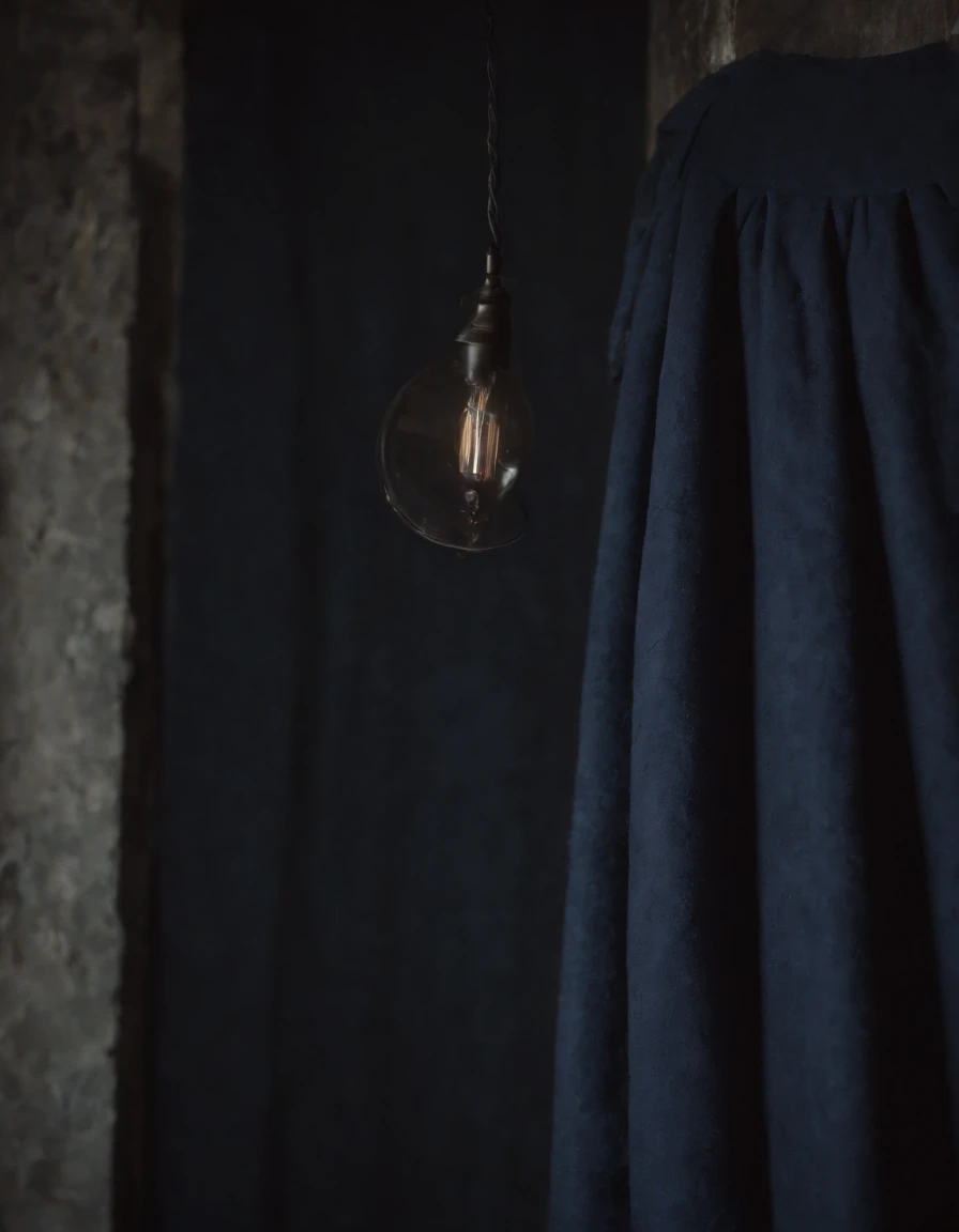 a children's overall hangs on the wall, in the style of dark indigo and black, gothic undertones, rusticcore, pure color, velvety textures, striped, warmcore,(close-up)