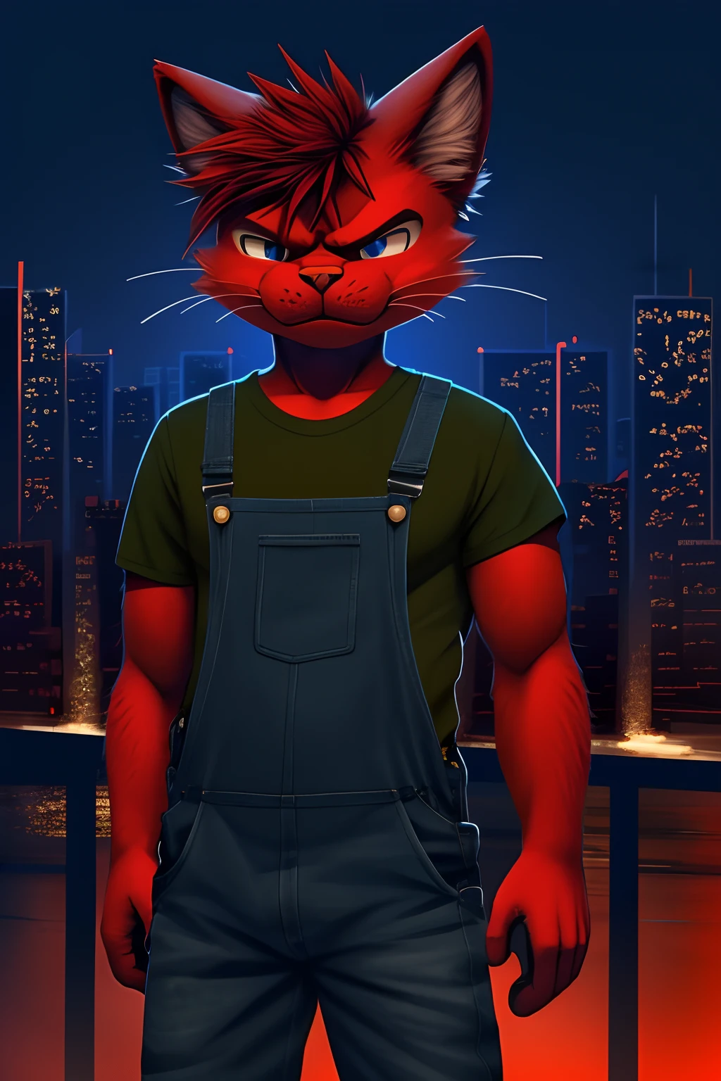 (sole male child and anthro and furry and cat and feline), short hair, red hair, (disheveled hair:1.4), red cat ears, red fur, red skin, bright pupils, clearly blue eyes, cat nose, pink nose, angry face, (only red tone body:2.0) , (only red tone fur:2.0),cat tail, (green T-shirt:1.3),( blue overalls:1.3), BREAK, 
night, night sky, colored shadow, brights background, detailed city lights background,