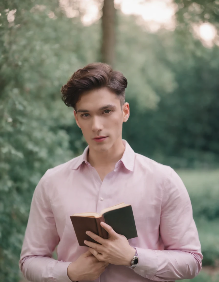a man is leaning against a wall and holding a book, in the style of dark pink and sky-blue, neo-pop, vibrant stage backdrops, captivating gaze, warmcore, louis, dappled,(close-up)