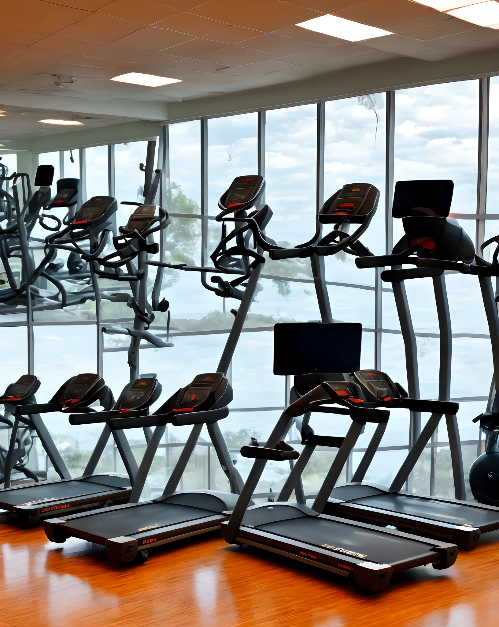 Industrial style gym,Warm lighting,River view outside the window,Top concrete and chandeliers,A variety of instruments,Treadmill,elliptical machines, etc