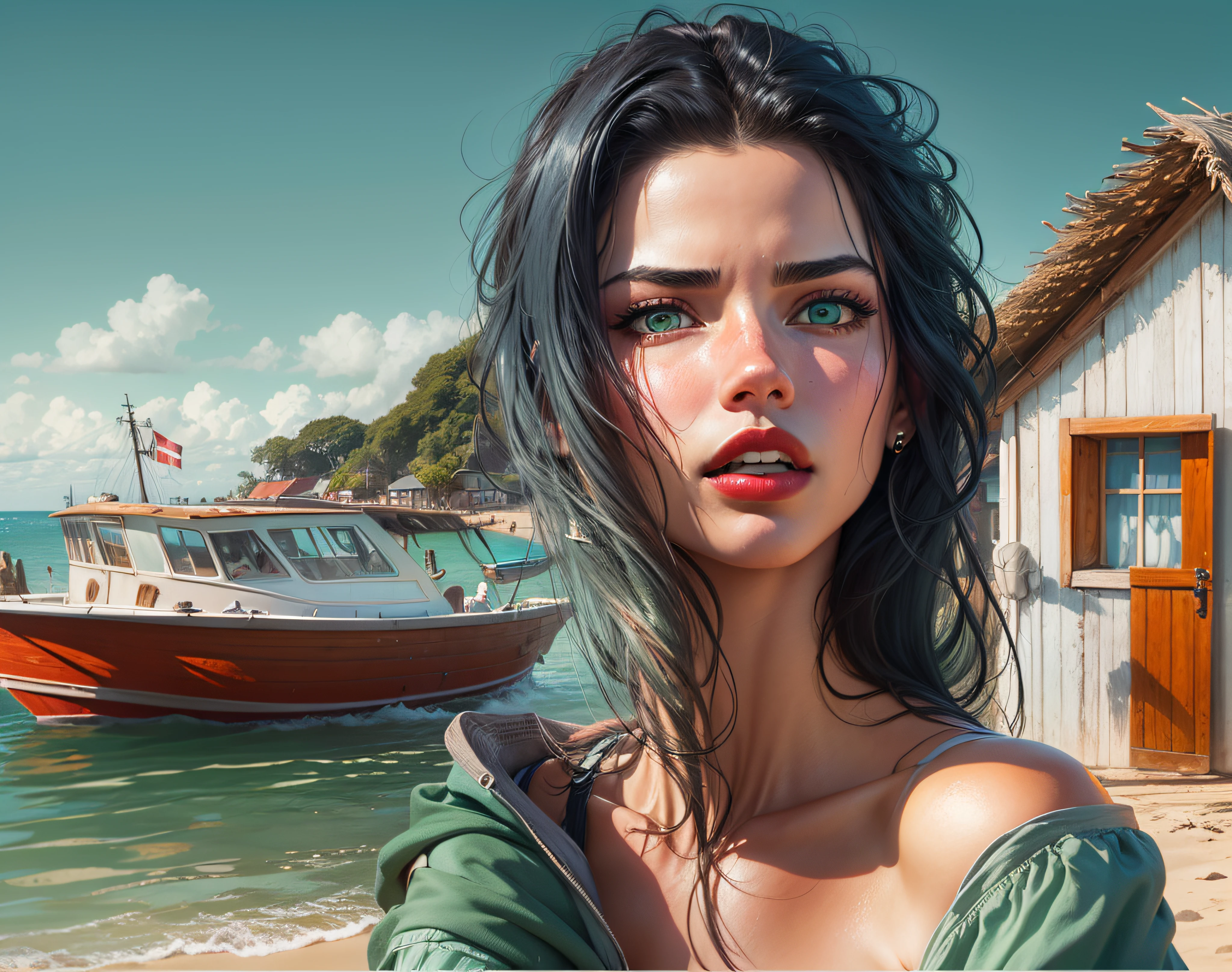 (Adriana Lima :1.1) red lips, green eyes at a Seaside cottage, Blue sky, Brasil, small boats, the detail, 8k HD, best quality,ultra - detailed, Illustration,Best shadow,masterpiece,A high resolution,professional artwork,famous artwork