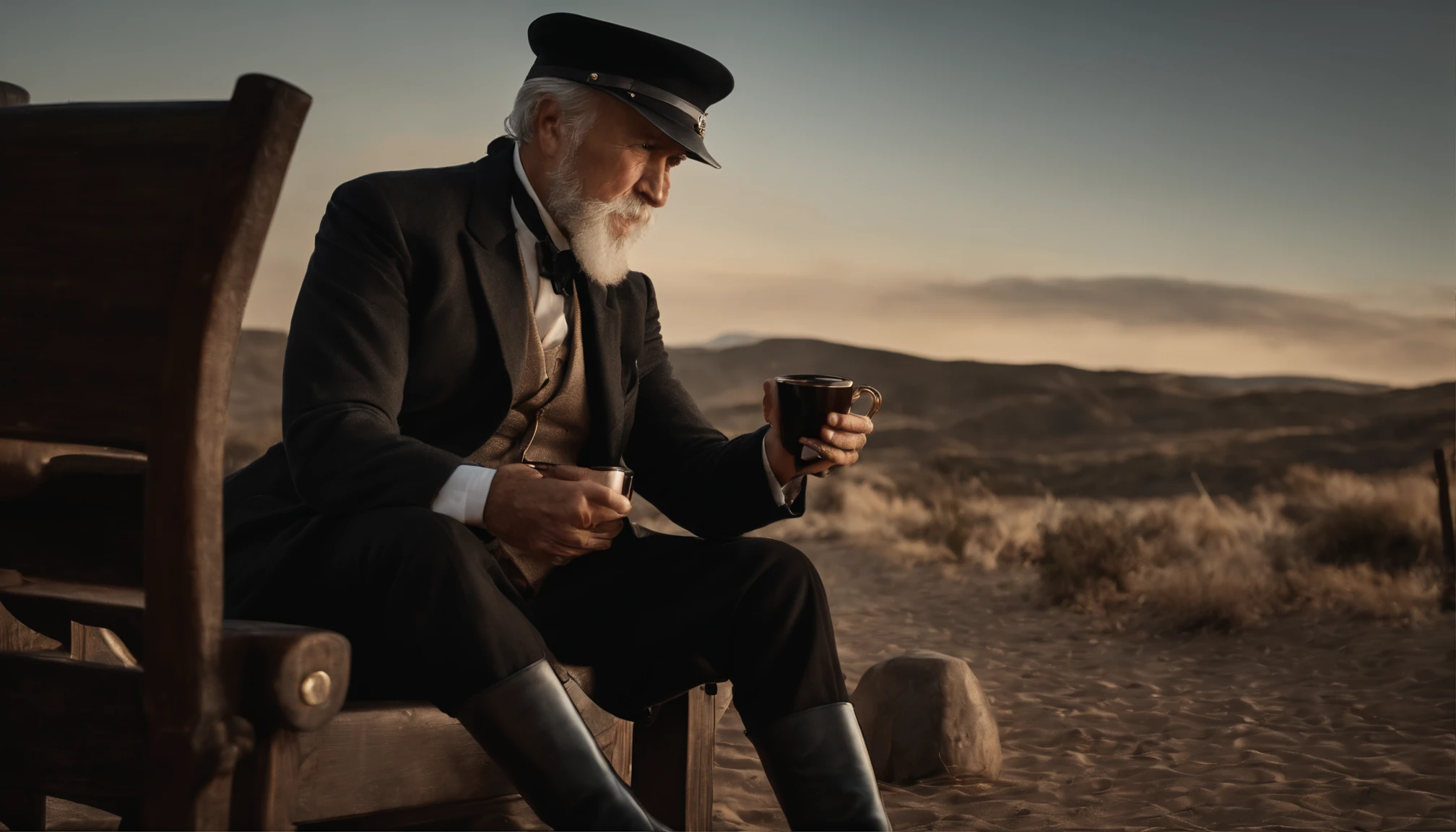 Old gentleman with a goatee,sit on chair,Hands touching black riding boots, 8K分辨率,Wallpaper masterpiece,Best quality,Highly meticulous,Ultra high quality,The midday sun is a bit dazzling