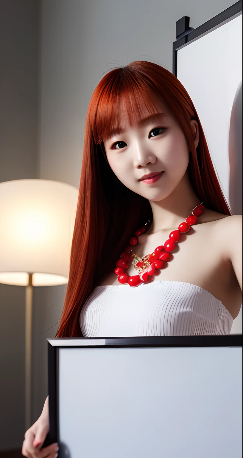 8k, RAW Photography, portlate, top-quality, 超A high resolution, Photorealsitic, 1人, full bodyesbian, upper legs, redhair, 耳Nipple Ring, a necklace, Bolides, a smile, eye lashes, beauty breast, Spread your legs apart, 电影灯光, depth of fields, lensflare、holding a white board
