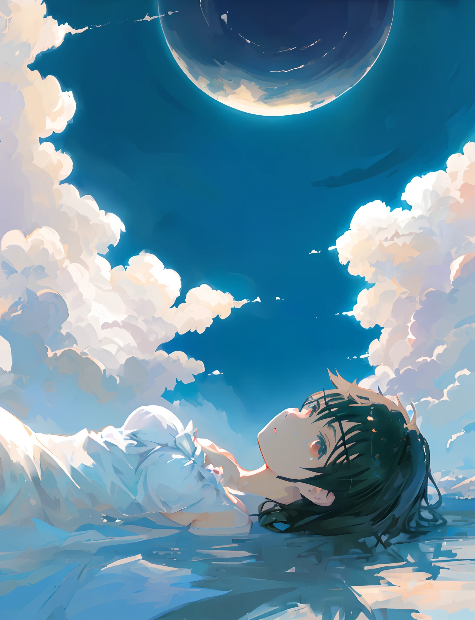 Create exquisite illustrations reminiscent of Makoto Shinkai's style, It has ultra-fine details and top-notch quality. Create an illustration depicting a beautiful girl lying on a bed of clouds,