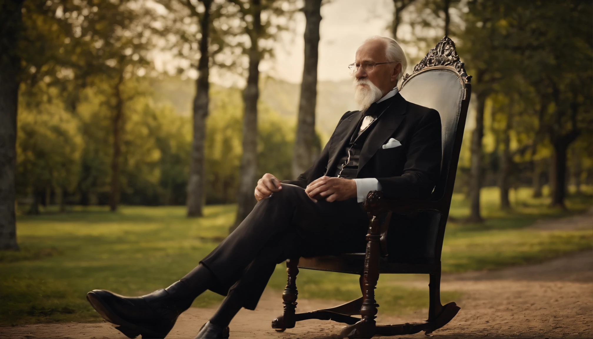 Old gentleman with a goatee,sit on chair,Hands touching black riding boots, 8K分辨率,Wallpaper masterpiece,Best quality,Highly meticulous,Ultra high quality,The midday sun is a bit dazzling