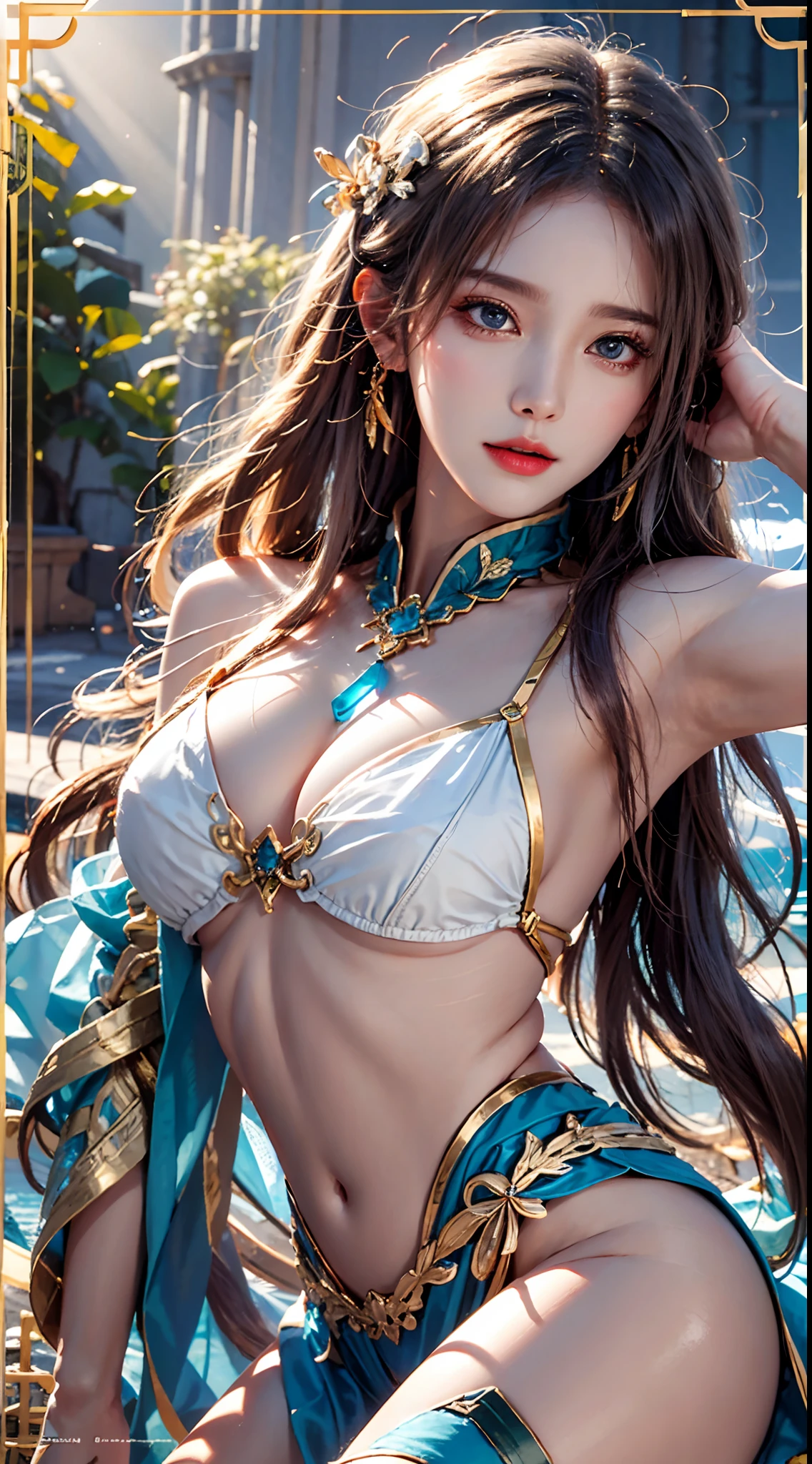 photorealistic, high resolution, soft light, 1women, solo, hips up, dynamic pose, shining skin, jewelry, hanfu