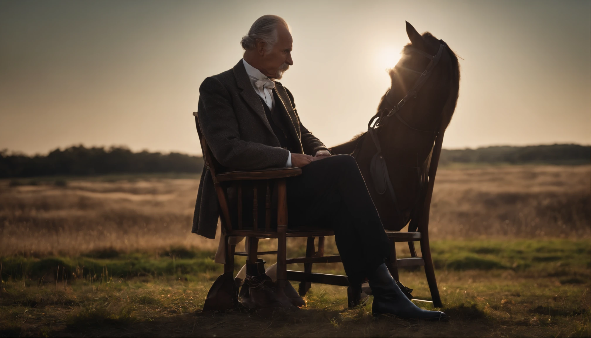 Old gentleman with a goatee,sit on chair,Hands touching black riding boots, 8K分辨率,Wallpaper masterpiece,Best quality,Highly meticulous,Ultra high quality,The midday sun is a bit dazzling