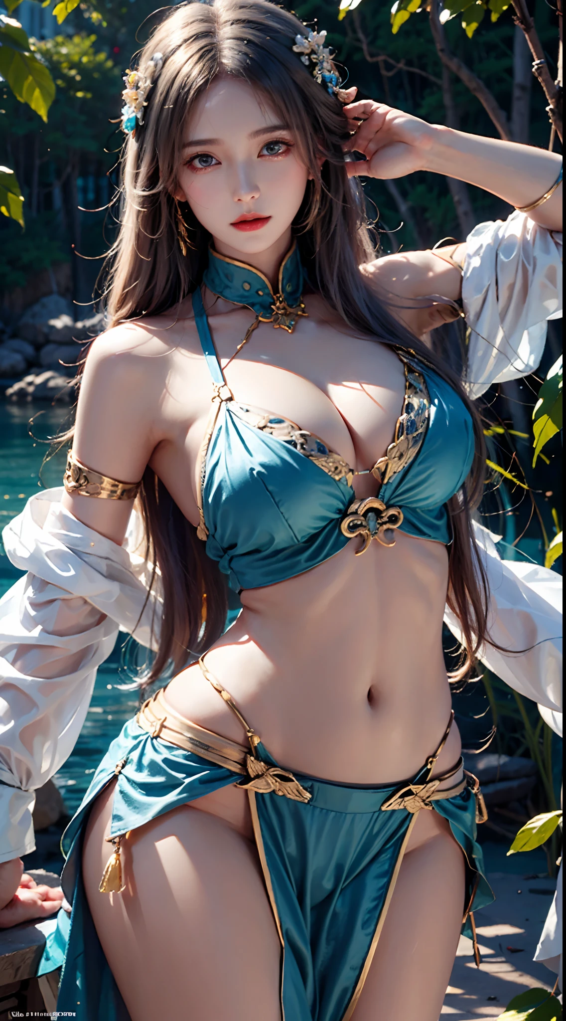 photorealistic, high resolution, soft light, 1women, solo, hips up, dynamic pose, shining skin, jewelry, hanfu