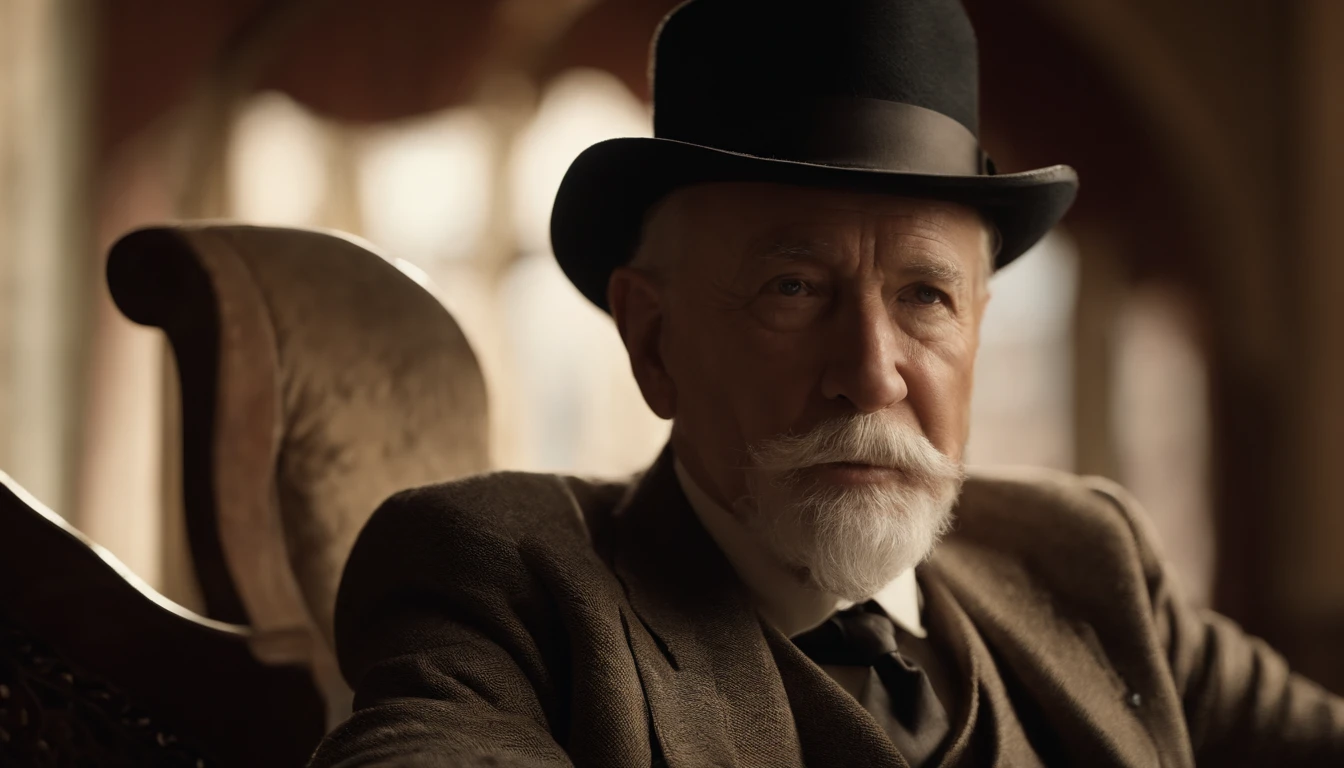 Old gentleman with a goatee,sit on chair,Touch your hands to black riding boots, 8K分辨率,Wallpaper masterpiece,Best quality,Highly meticulous,Ultra high quality,The midday sun is a bit dazzling