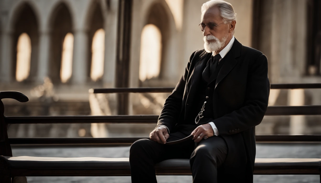 Old gentleman with a goatee,sit on chair,Touch your hands to black riding boots, 8K分辨率,Wallpaper masterpiece,Best quality,Highly meticulous,Ultra high quality,The midday sun is a bit dazzling