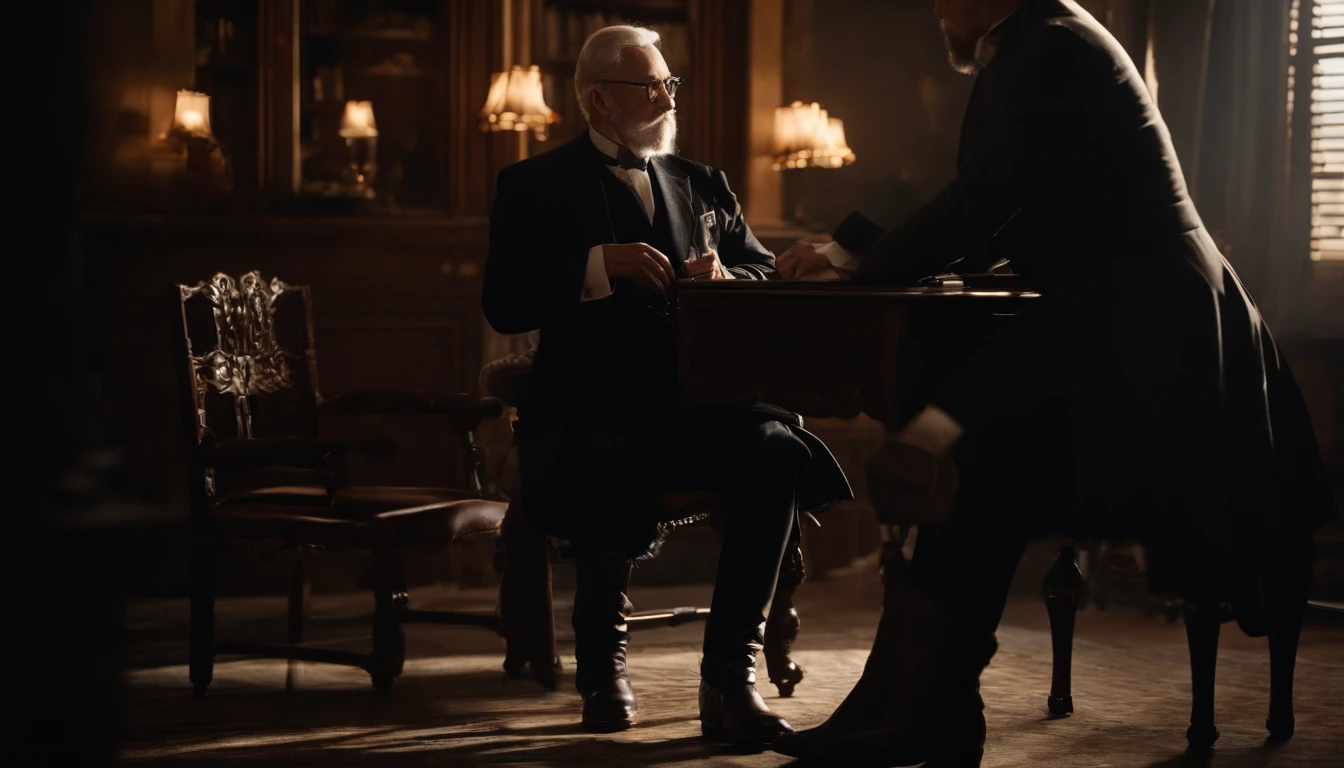 Old gentleman with a goatee,sit on chair,Touch your hands to black riding boots, 8K分辨率,Wallpaper masterpiece,Best quality,Highly meticulous,Ultra high quality,The midday sun is a bit dazzling