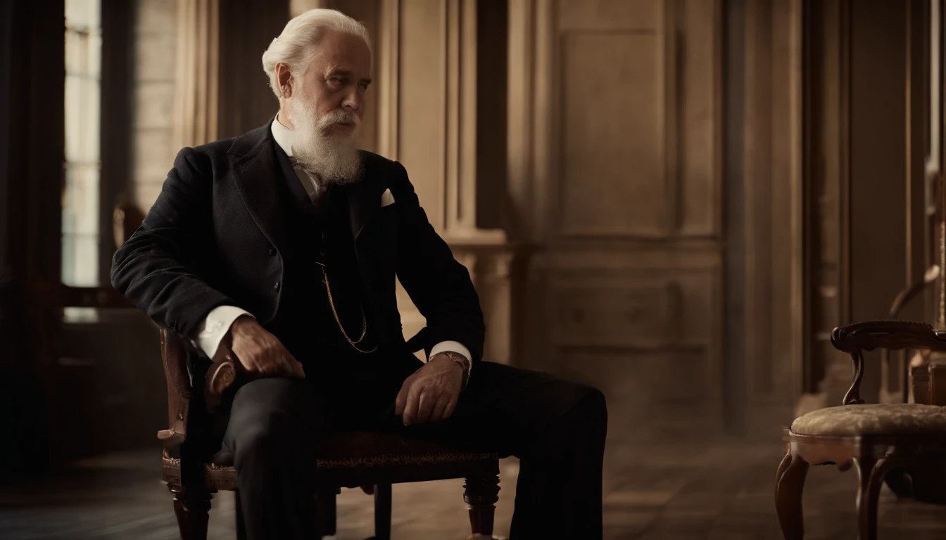 Old gentleman with a goatee，sit on chair，Touch your hands to black riding boots, 8K分辨率,Wallpaper masterpiece，Best quality，Highly meticulous，Ultra high quality，The midday sun is a bit dazzling