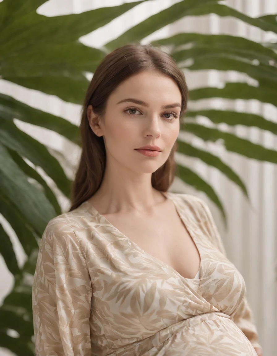 pregnant woman in beige dress printed with palm leaves, white studio background, bokeh style, in the style of ultrafine detail, high quality photo, close up, 135 mm f/8