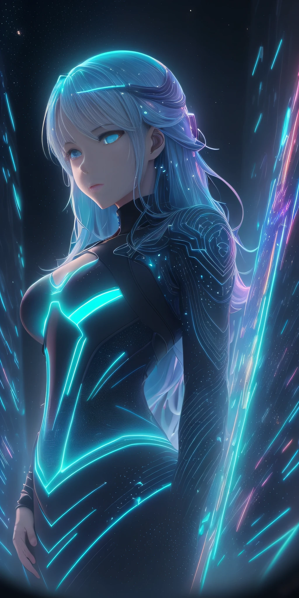 ((A highly detailed and vividly colored digital image of a young ethereally beautiful symmetrical face with long icy blue hair and eyes that reflect the galaxy., wearing an elegant futuristic dress that shines with holographic light reflections, Standing in front of a Elegant, glowing portal that emits fog and glowing particles, it is inside a high-tech laboratory filled with glowing screens and equipment, Rendered in a stunning sci-fi anime art style with cinematic lighting, intricate lines, and an effects structure beautiful atmospheric glow )) --auto --s2