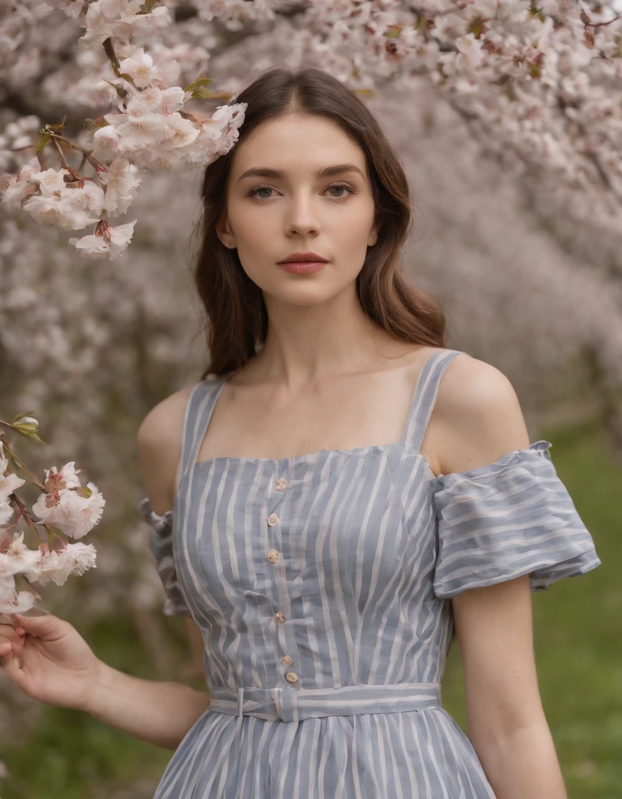 striped summer dress with hand printed cherry blossom linn, in the style of fujifilm pro 400h, close up, full of details, beatrix potter, light navy and gray, feminine empowerment, lucy glendinning  ,(medium shot)